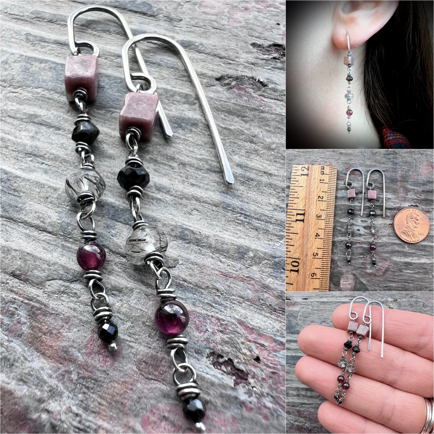 Sterling Silver Natural Stone Earrings | Pink and Black Beaded Long Dangles