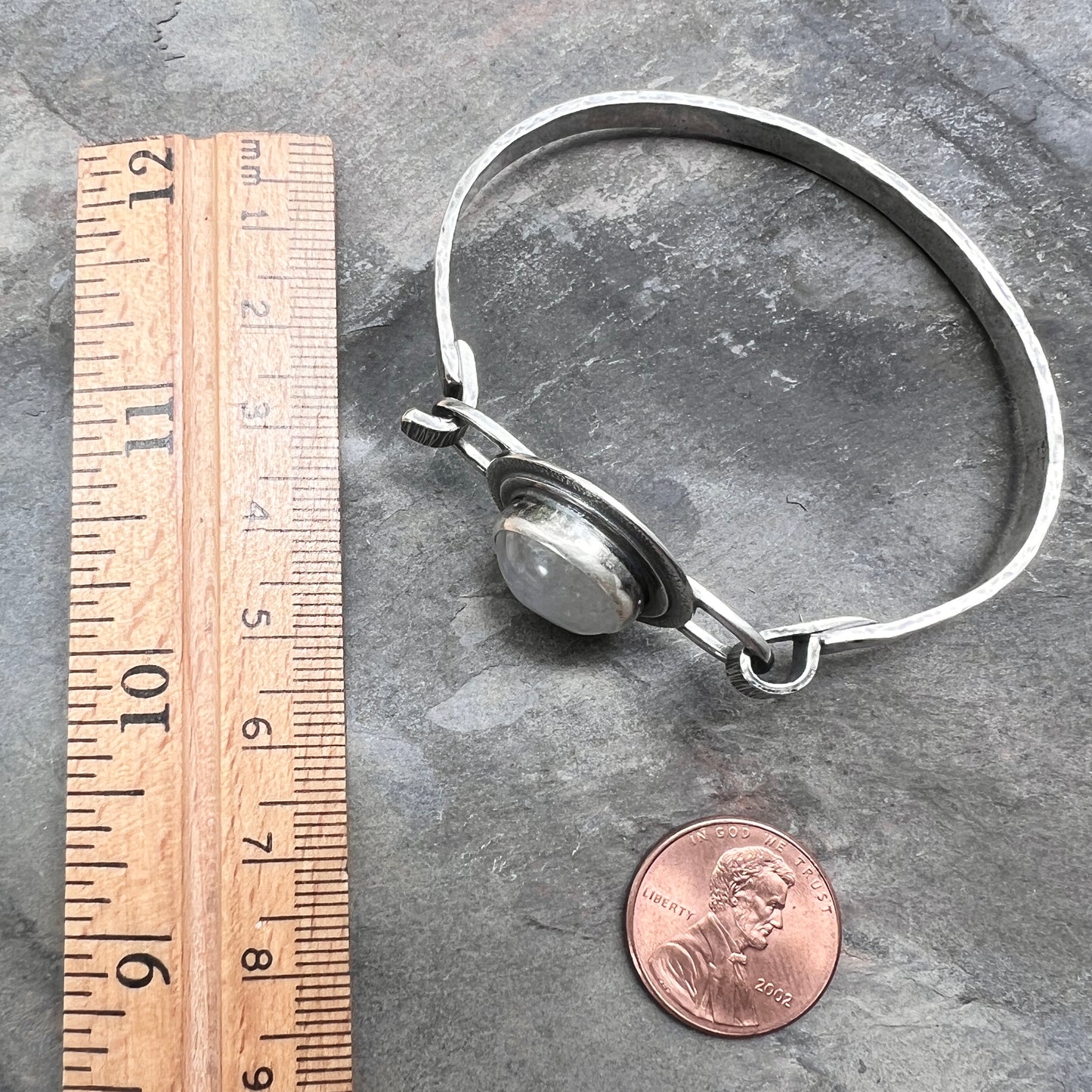 Sterling Silver Rainbow Moonstone Bracelet | Natural Stone Cabochon Silver Cuff Bracelet