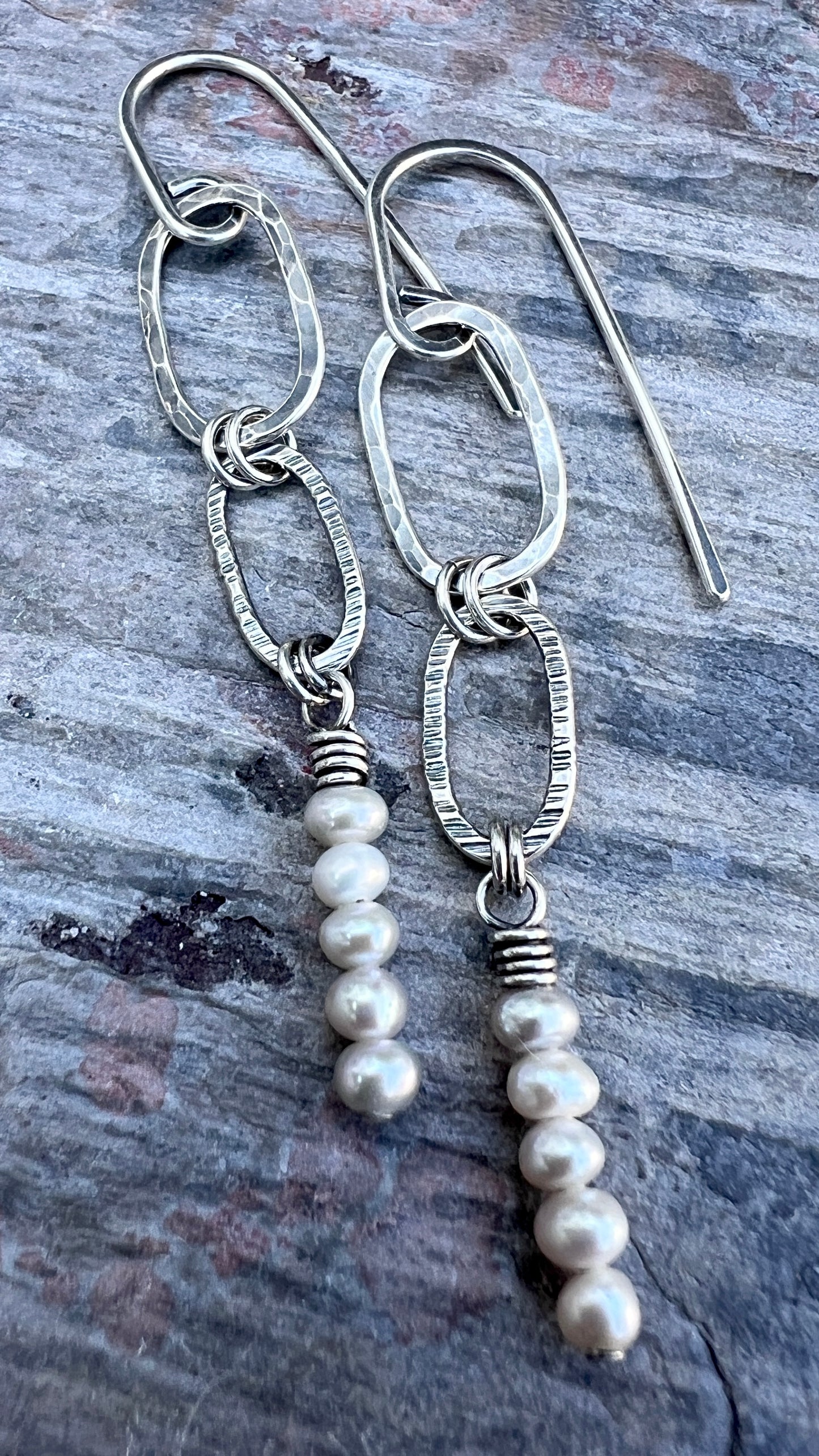 Sterling Silver Pearl Earrings | Hammered Silver Links and Genuine Pearl Long Dangle Earrings