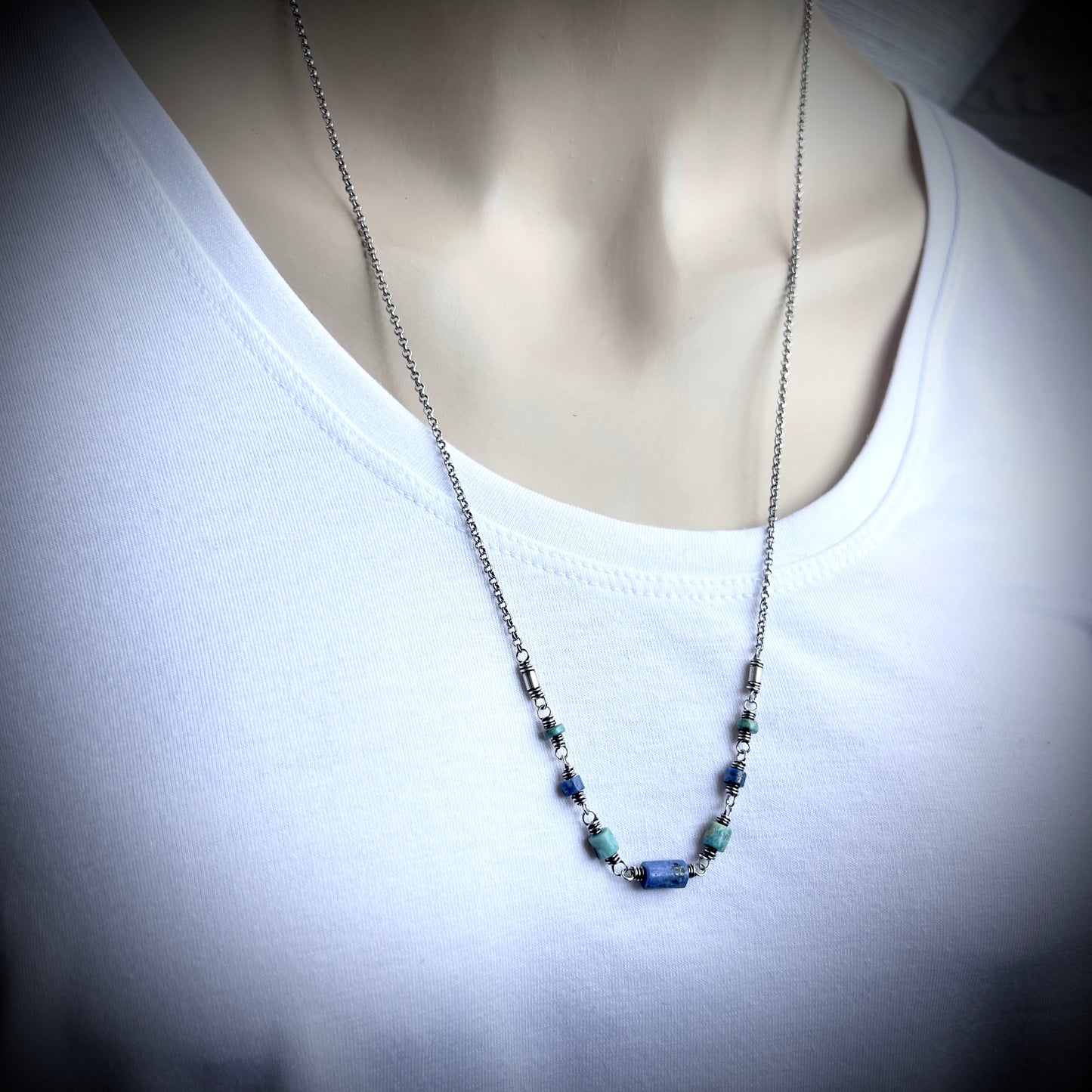 Genuine Turquoise and Lapis Lazuli Sterling Silver Necklace | Natural Stone Wire-wrapped Beaded Necklace