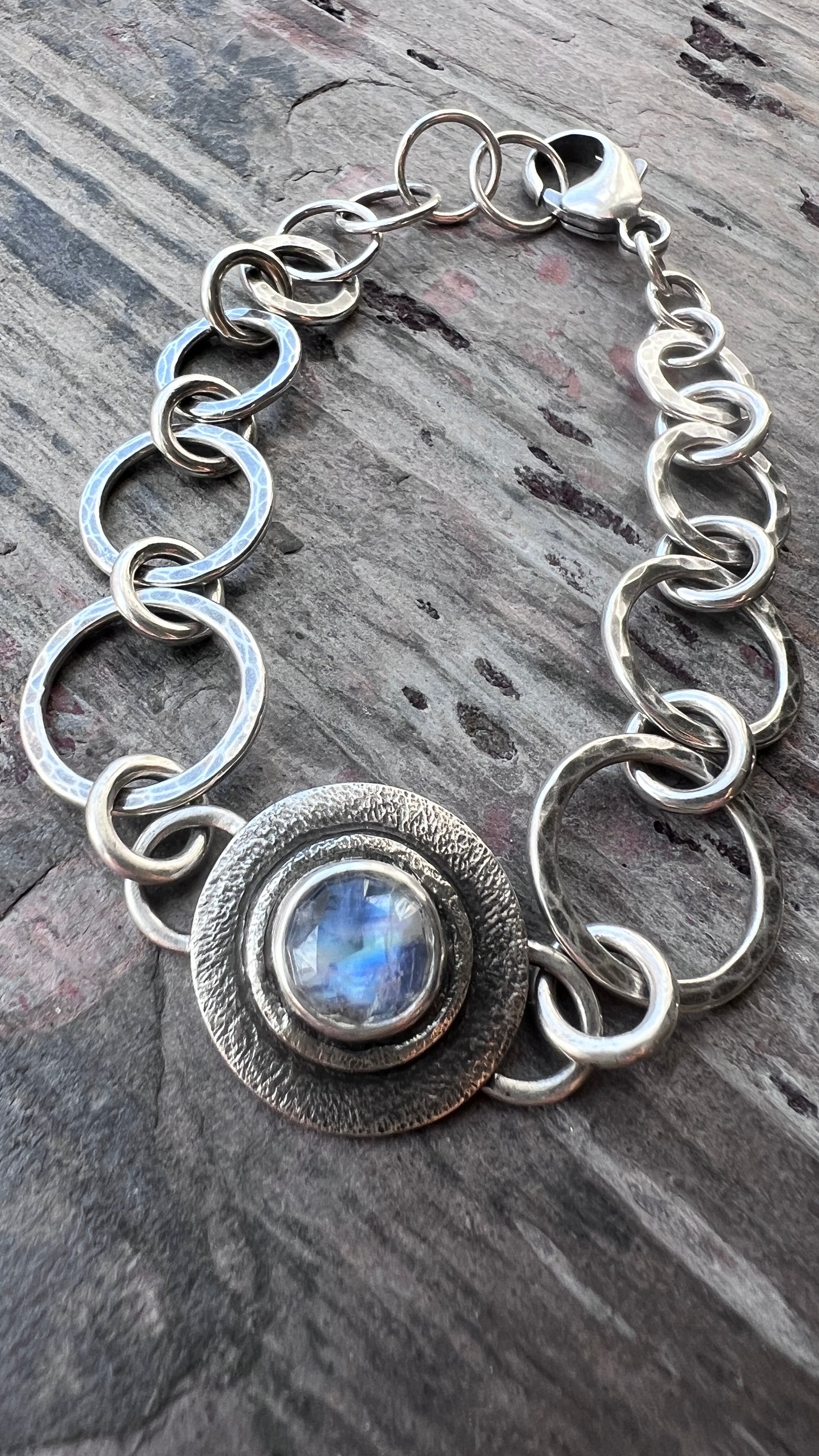 Sterling Silver Rainbow Moonstone Bracelet | Natural Stone Hammered Silver Bracelet