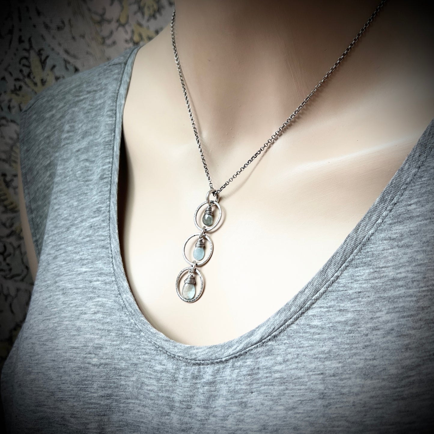 Genuine Aquamarine Sterling Silver Necklace | Aquamarine Stones in Hammered Rings Pendant