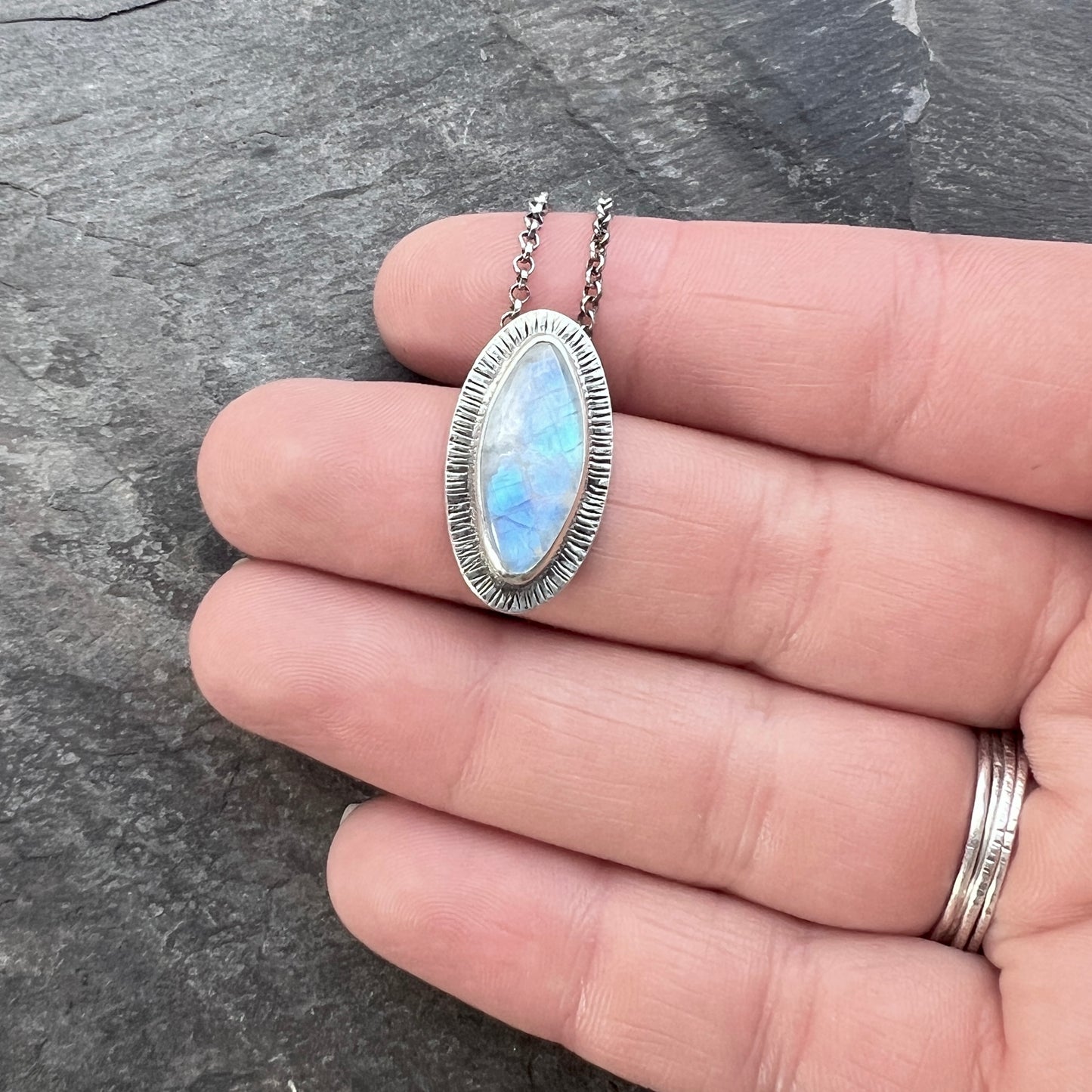 Sterling Silver Rainbow Moonstone Necklace | One-of-a-Kind Natural Stone Marquise Pendant