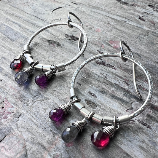 Sterling Silver Garnet and Iolite Earrings | Genuine Natural Stones and Hammered Silver Hoops