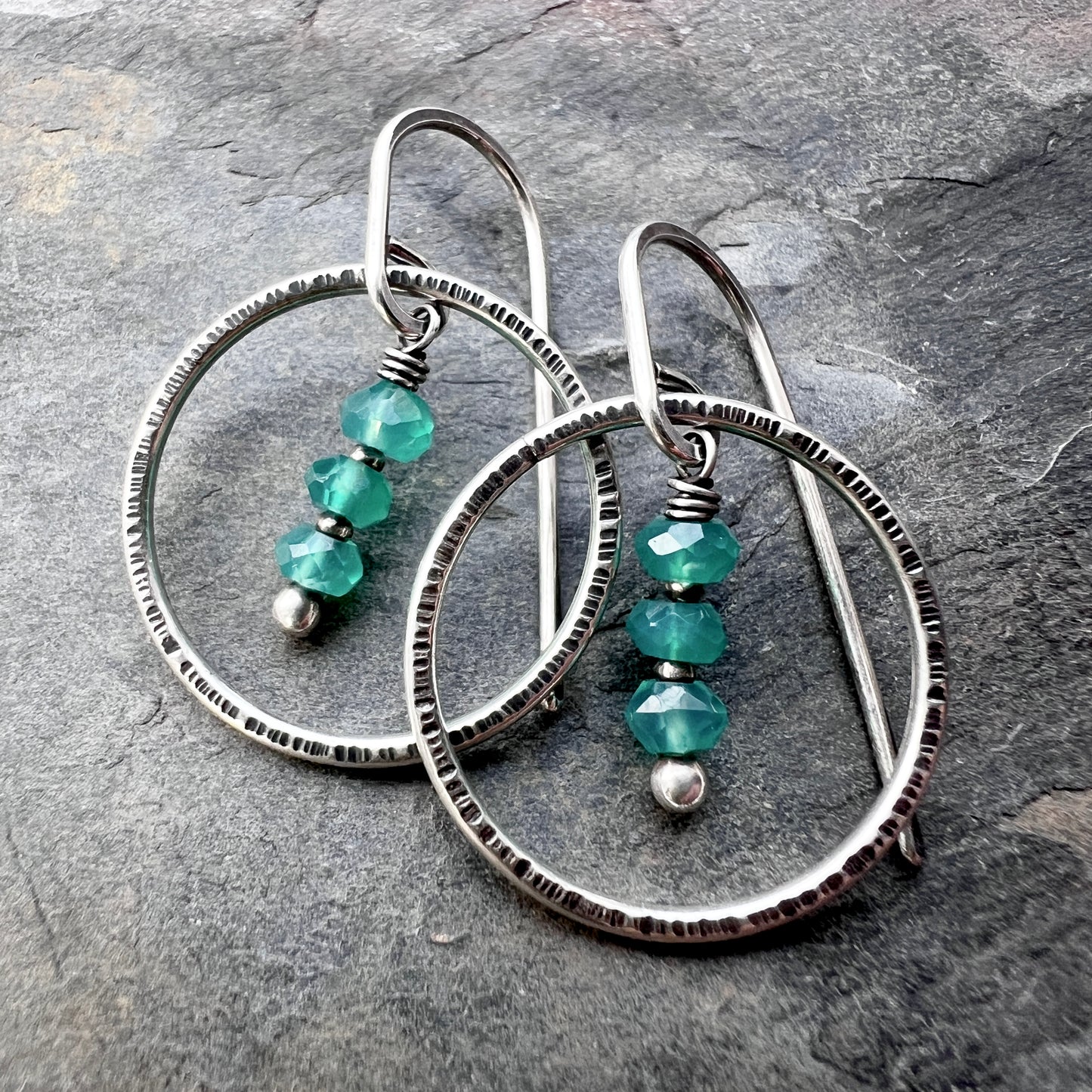 Green Onyx Sterling Silver Earrings | Emerald Green Natural Stone Dangle Hoops