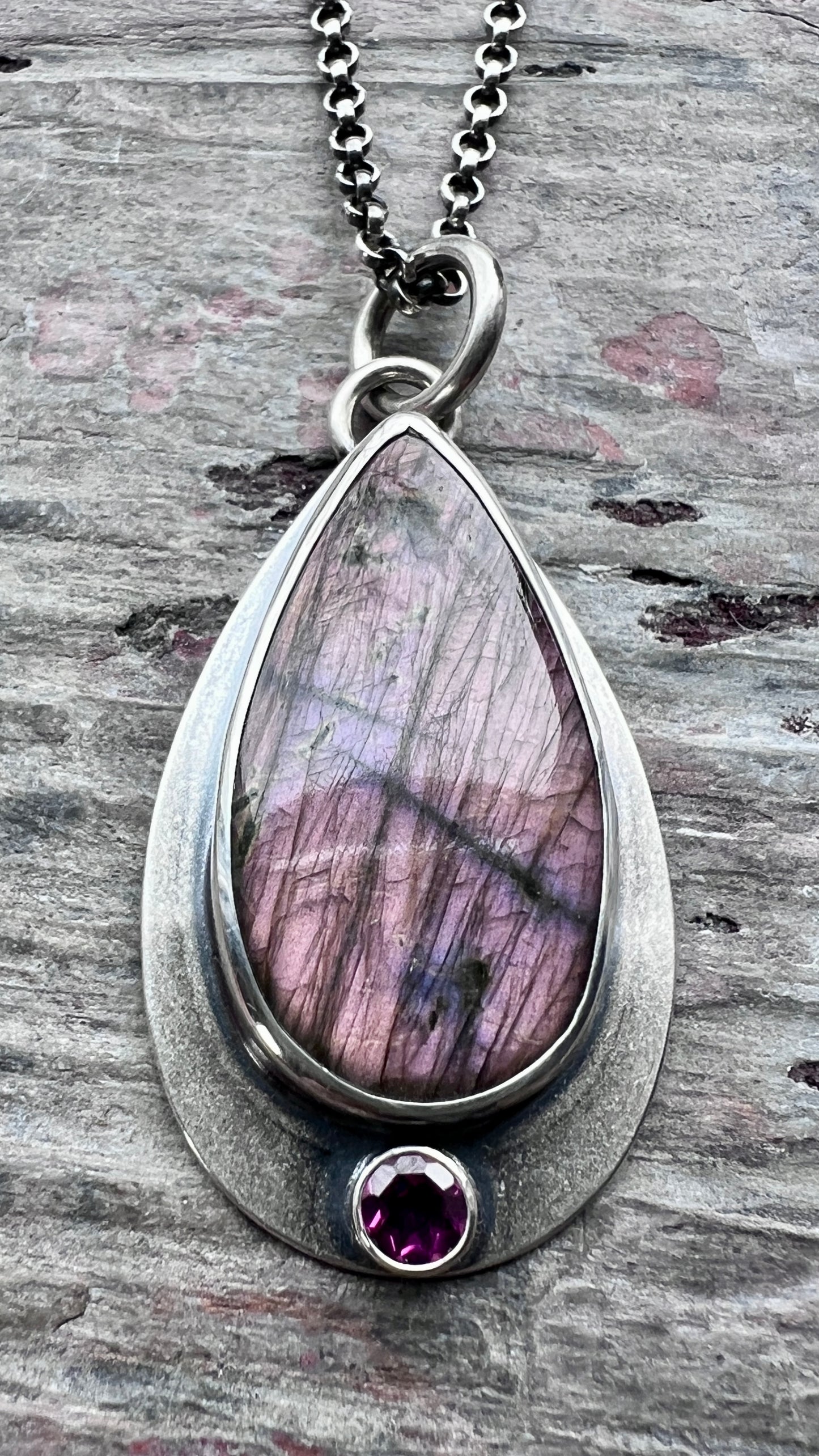 Sterling Silver Purple Labradorite and Rhodolite Garnet Necklace | Natural Stone Teardrop Pendant