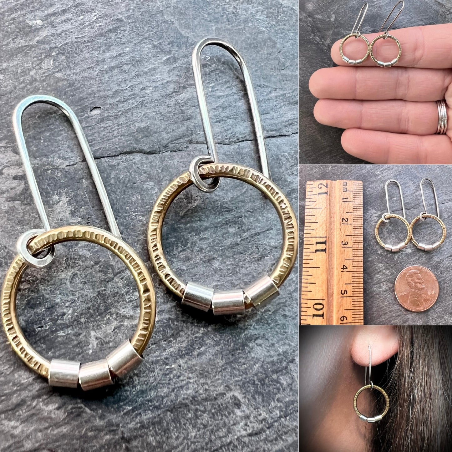 Sterling Silver and Brass Dangle Earrings | Mixed Metal Golden Brass Circles with Silver Beads