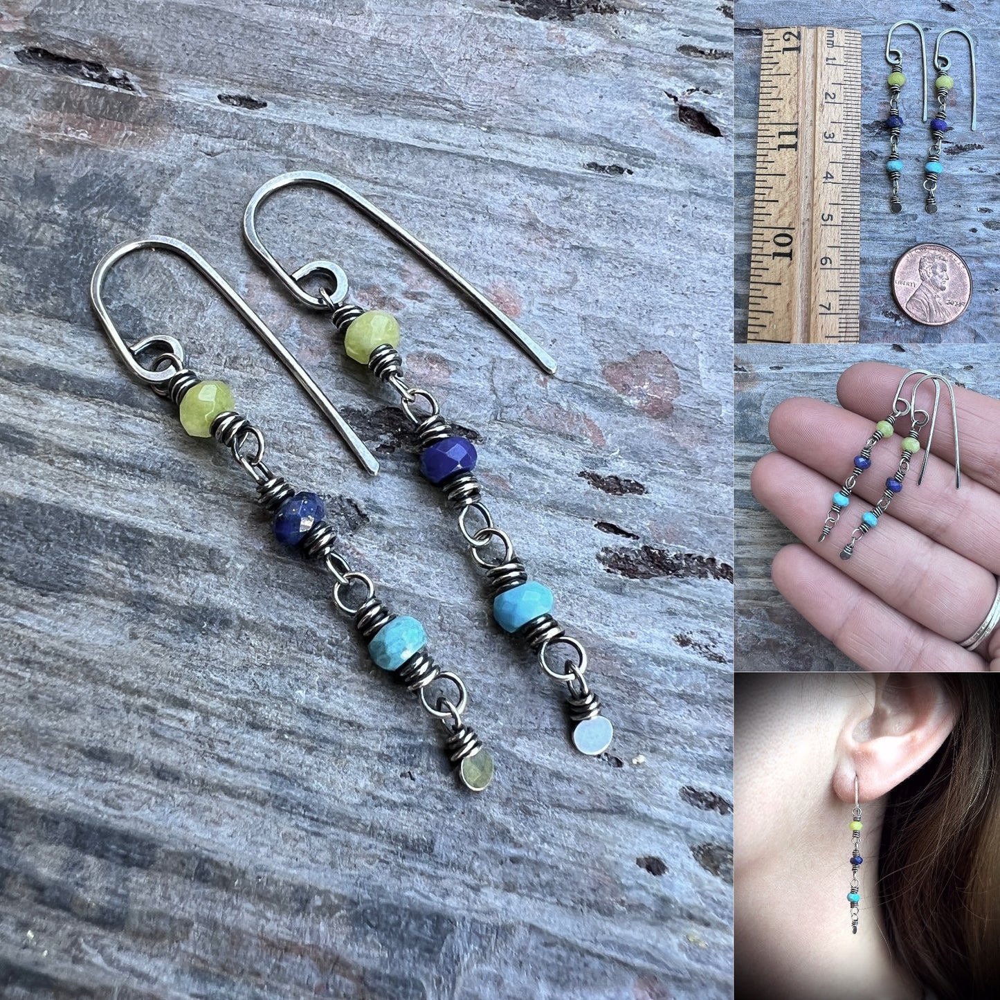 Sterling Silver Genuine Stone Earrings | Long Dangles with Turquoise, Lapis Lazuli, and Jade Beads