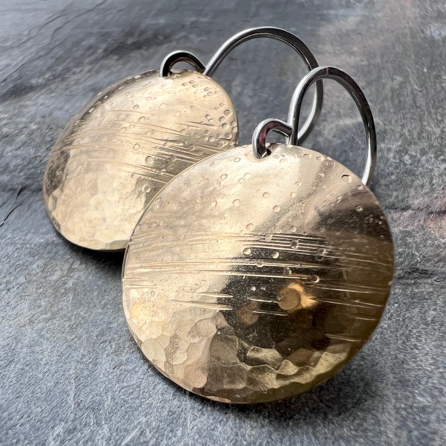 Brass and Sterling Silver Circle Earrings | Multi Textured Hammered Disc Dangles