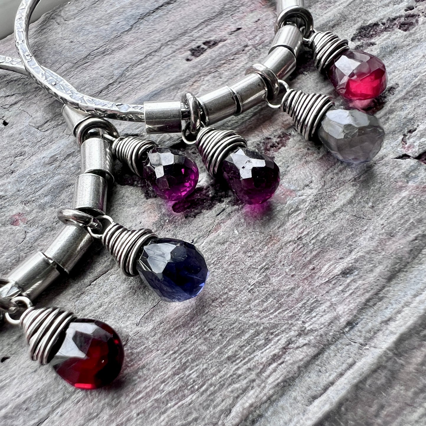 Sterling Silver Garnet and Iolite Earrings | Genuine Natural Stones and Hammered Silver Hoops