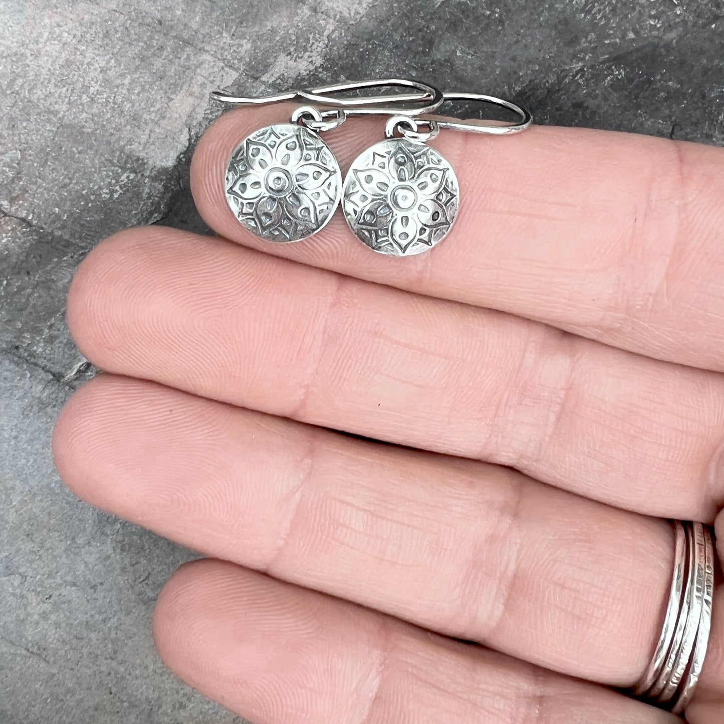 Sterling Silver Small Flower Medallion Earrings | Stamped Silver Circle Dangles