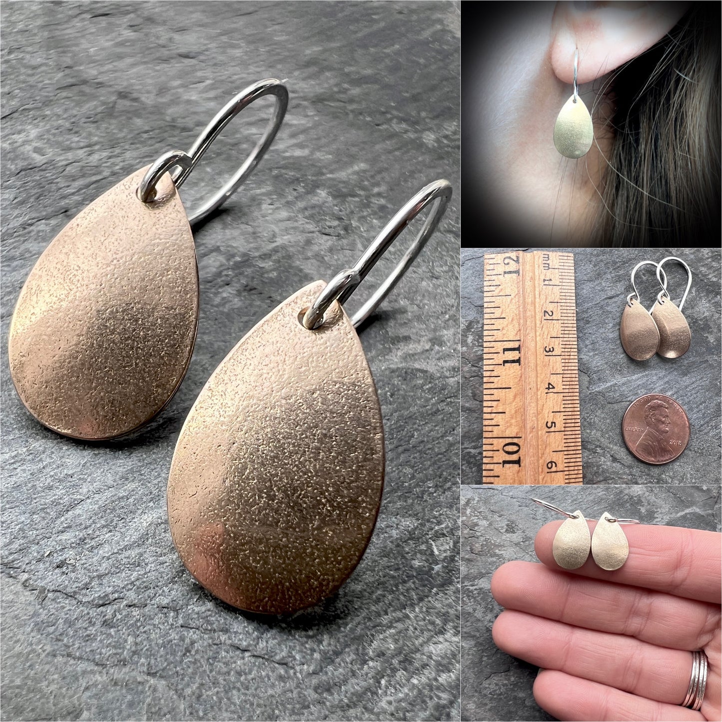 Golden Bronze Teardrops with Sterling Silver Earwires | Mixed Metal Dangle Earrings