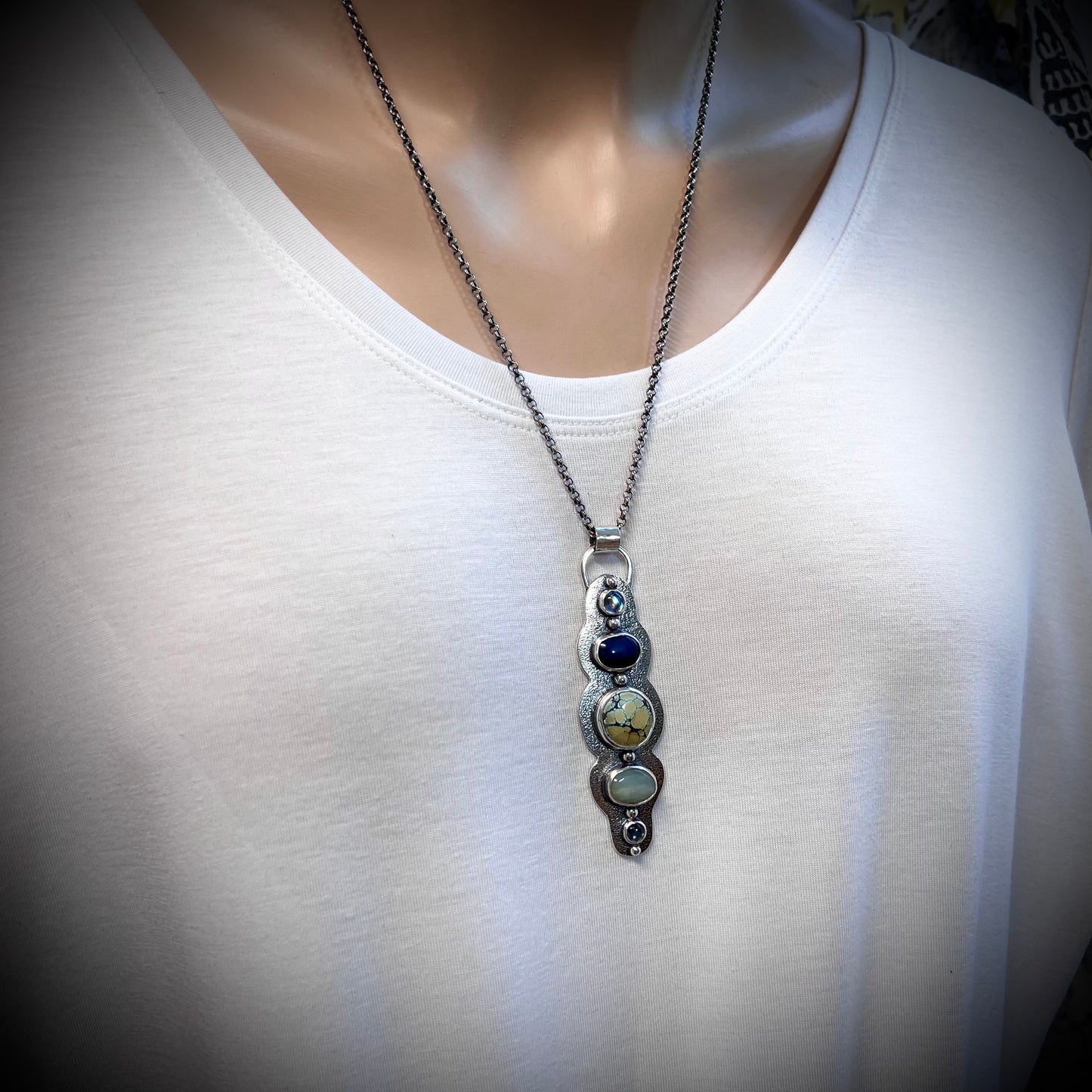Rainbow Moonstone, Peruvian Opal, Turquoise, and Labradorite Sterling Silver Handmade One-of-a-kind Pendant Necklace