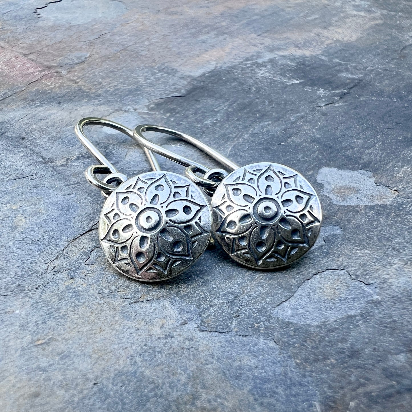 Sterling Silver Small Flower Medallion Earrings | Stamped Silver Circle Dangles