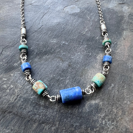 Genuine Turquoise and Lapis Lazuli Sterling Silver Necklace | Natural Stone Wire-wrapped Beaded Necklace