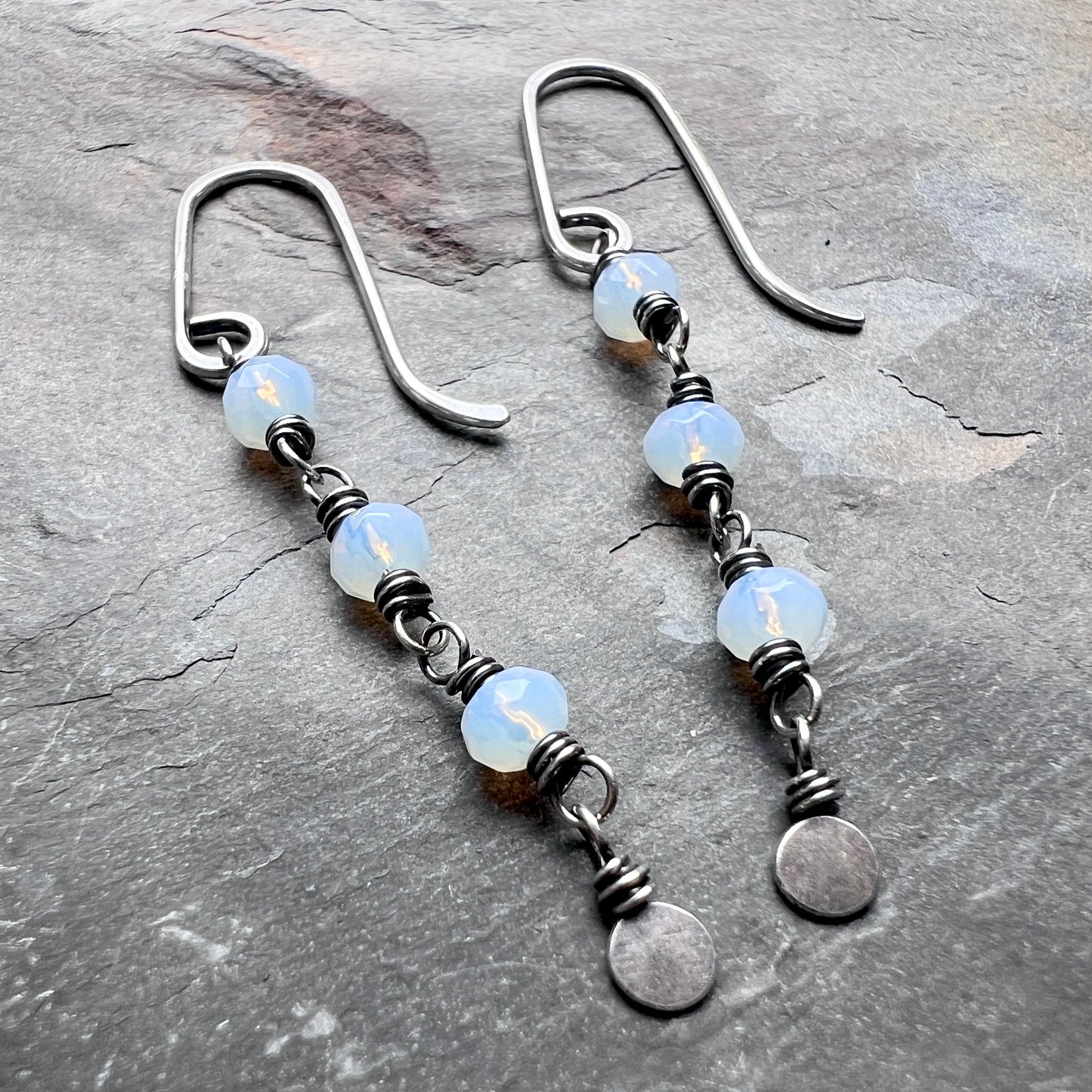 Sterling Silver Opalite Earrings | Beaded Opalite Long Dangles