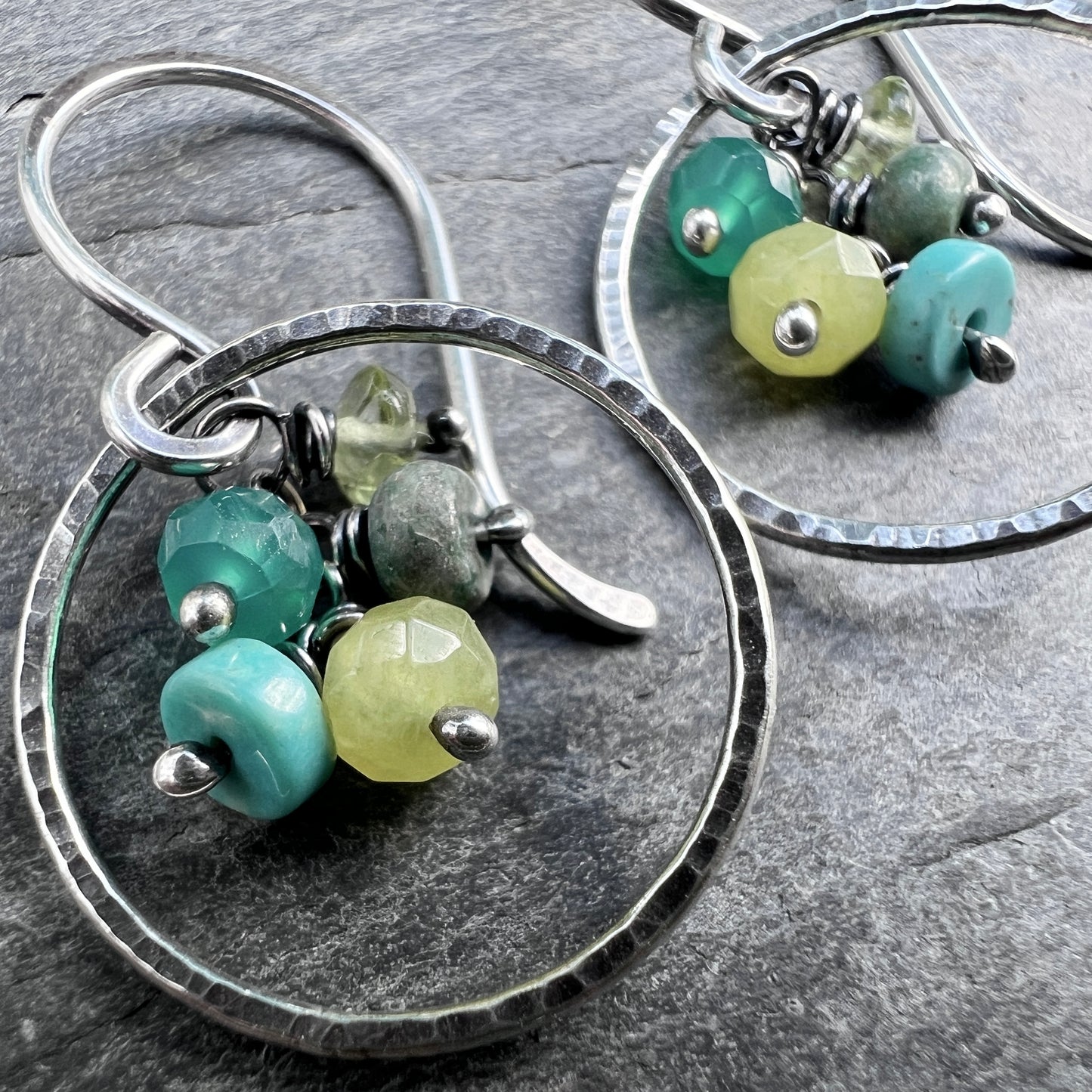 Sterling Silver Green Gemstone Earrings | Hammered Rings and Natural Stone Dangles