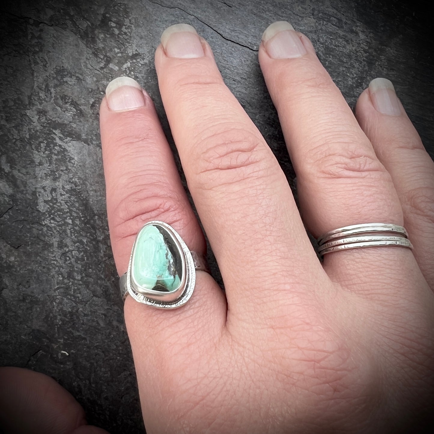 Sterling Silver Turquoise Ring | Genuine Natural Turquoise Freeform Cabochon Ring - Size 8.5