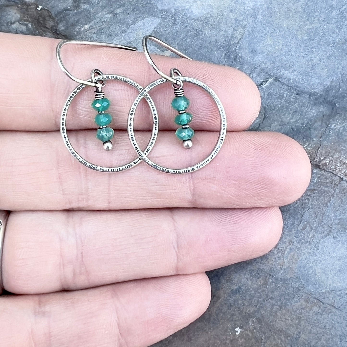 Green Onyx Sterling Silver Earrings | Emerald Green Natural Stone Dangle Hoops