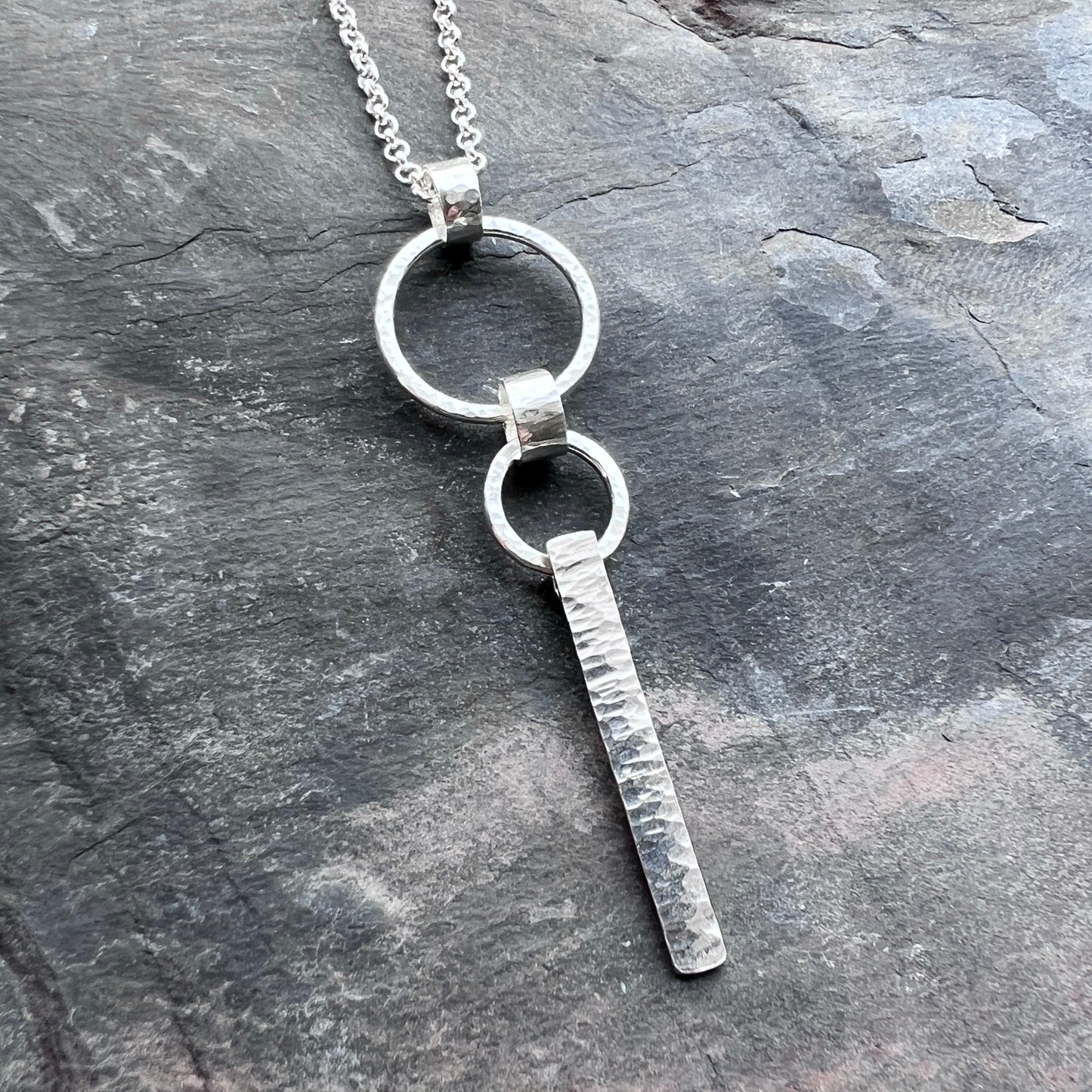 Sterling Silver Hammered Bar and Rings Necklace | Handmade Long Silver Pendant