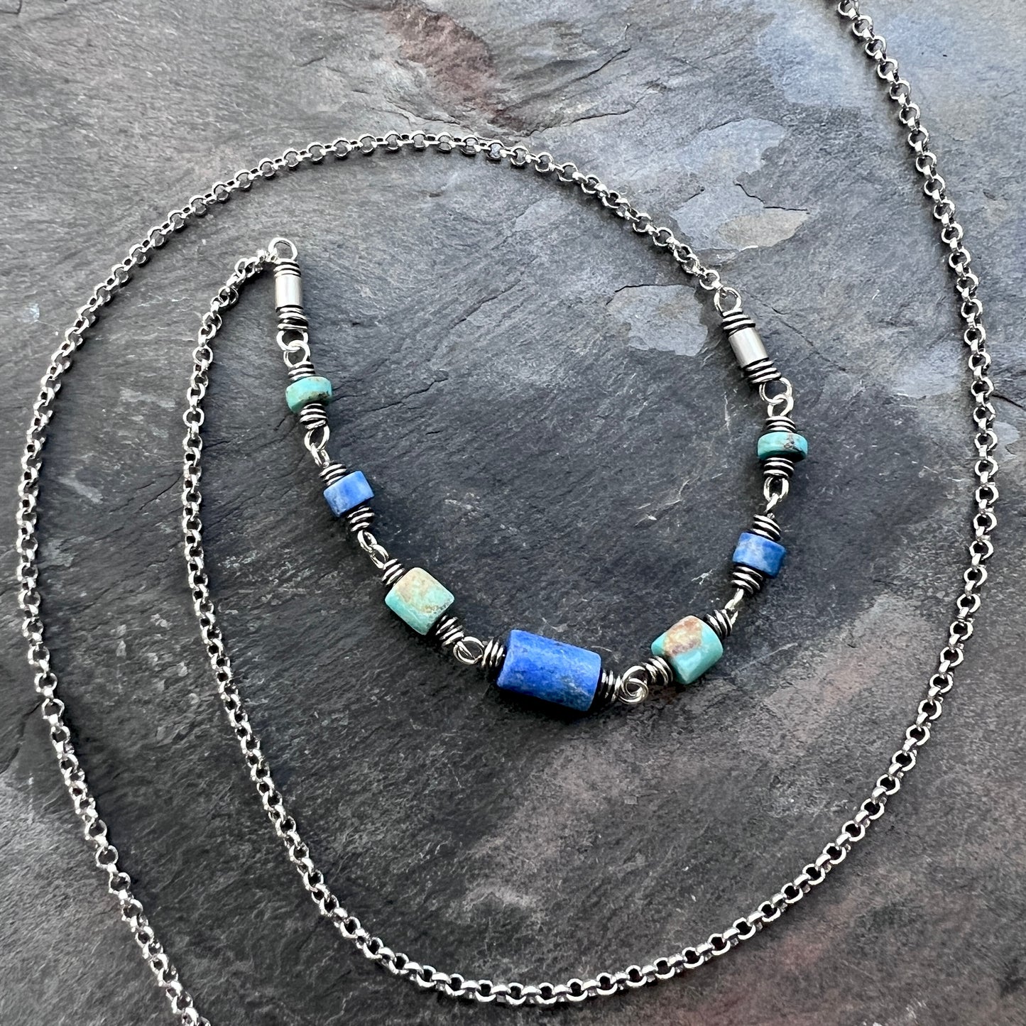 Genuine Turquoise and Lapis Lazuli Sterling Silver Necklace | Natural Stone Wire-wrapped Beaded Necklace