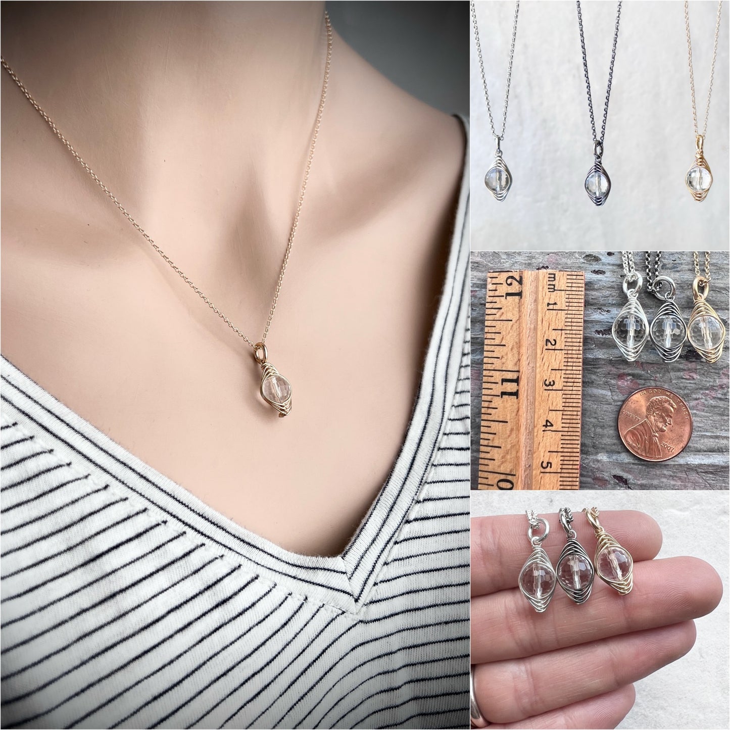 14k Goldfill Crystal Quartz Necklace | Natural Quartz Gold or Silver Pendant Dainty Necklace