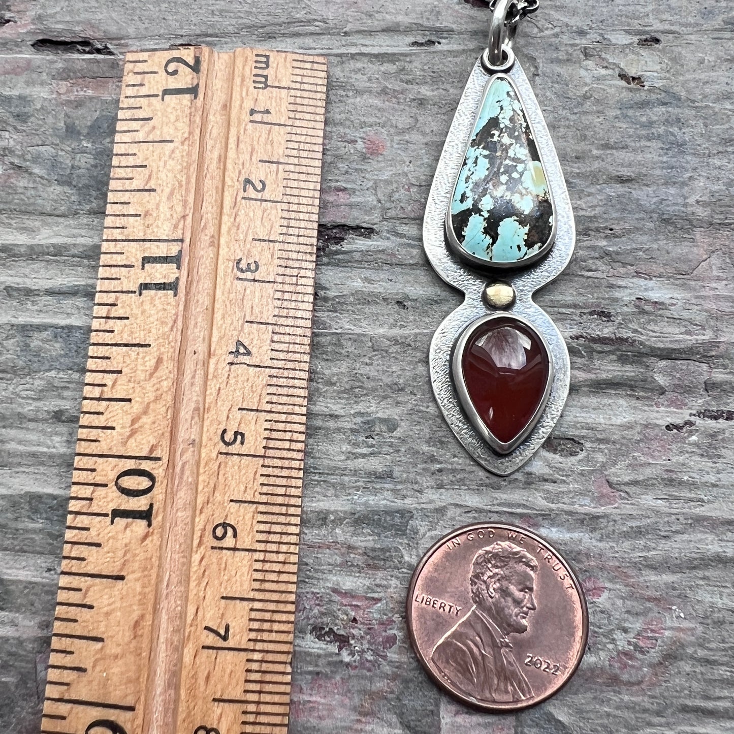 Genuine Turquoise and Carnelian Sterling Silver Necklace | One-of-a-kind Teardrop Pendant (#3)