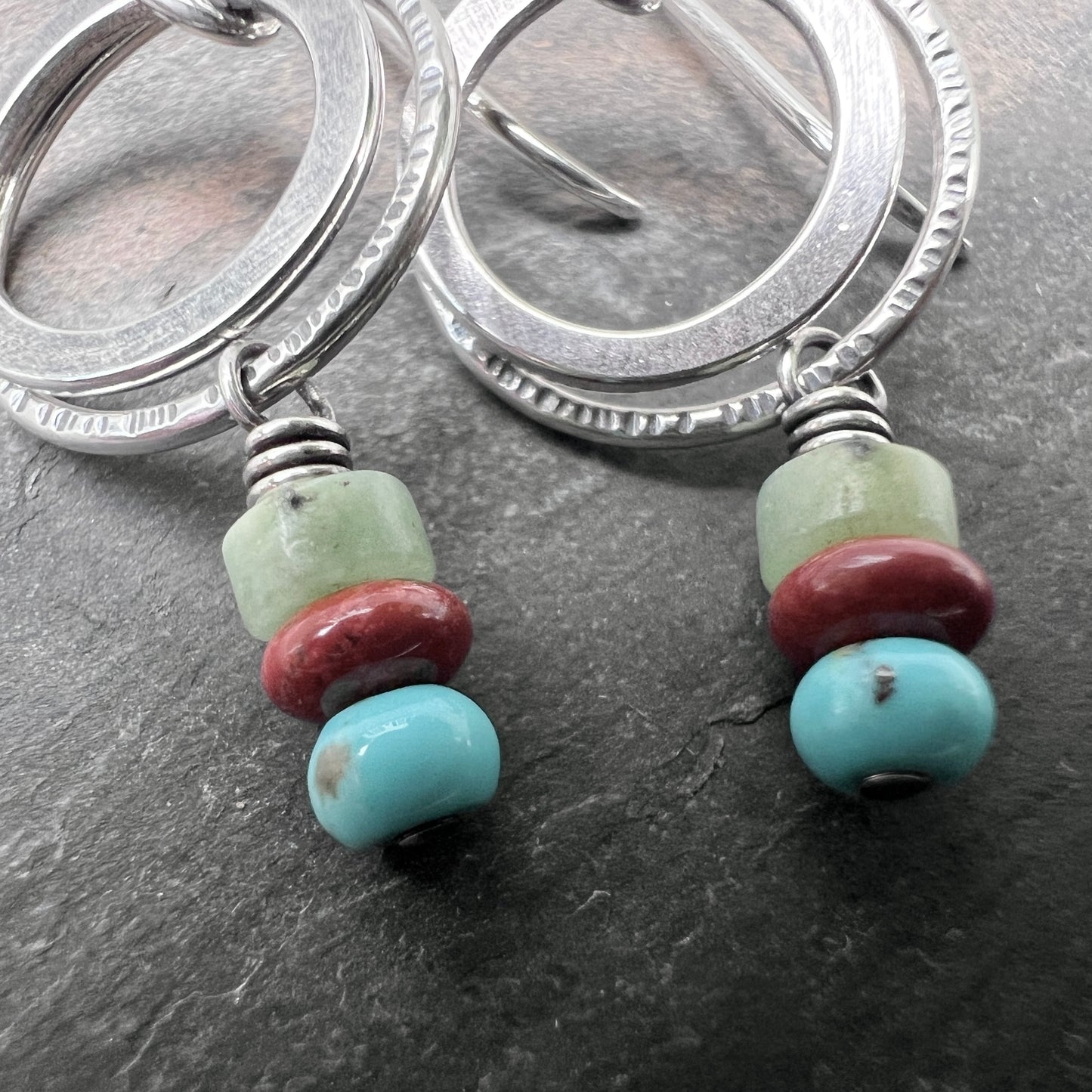 Sterling Silver Natural Stone Earrings | Turquoise, Jasper, and Chrysoprase on Small Hoop Dangles