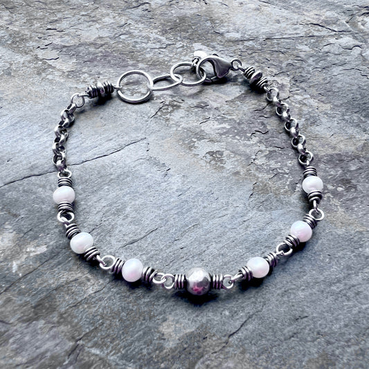 Sterling Silver Pearl Bracelet | Wire-wrapped Natural Pearl and Hammered Ball Bracelet