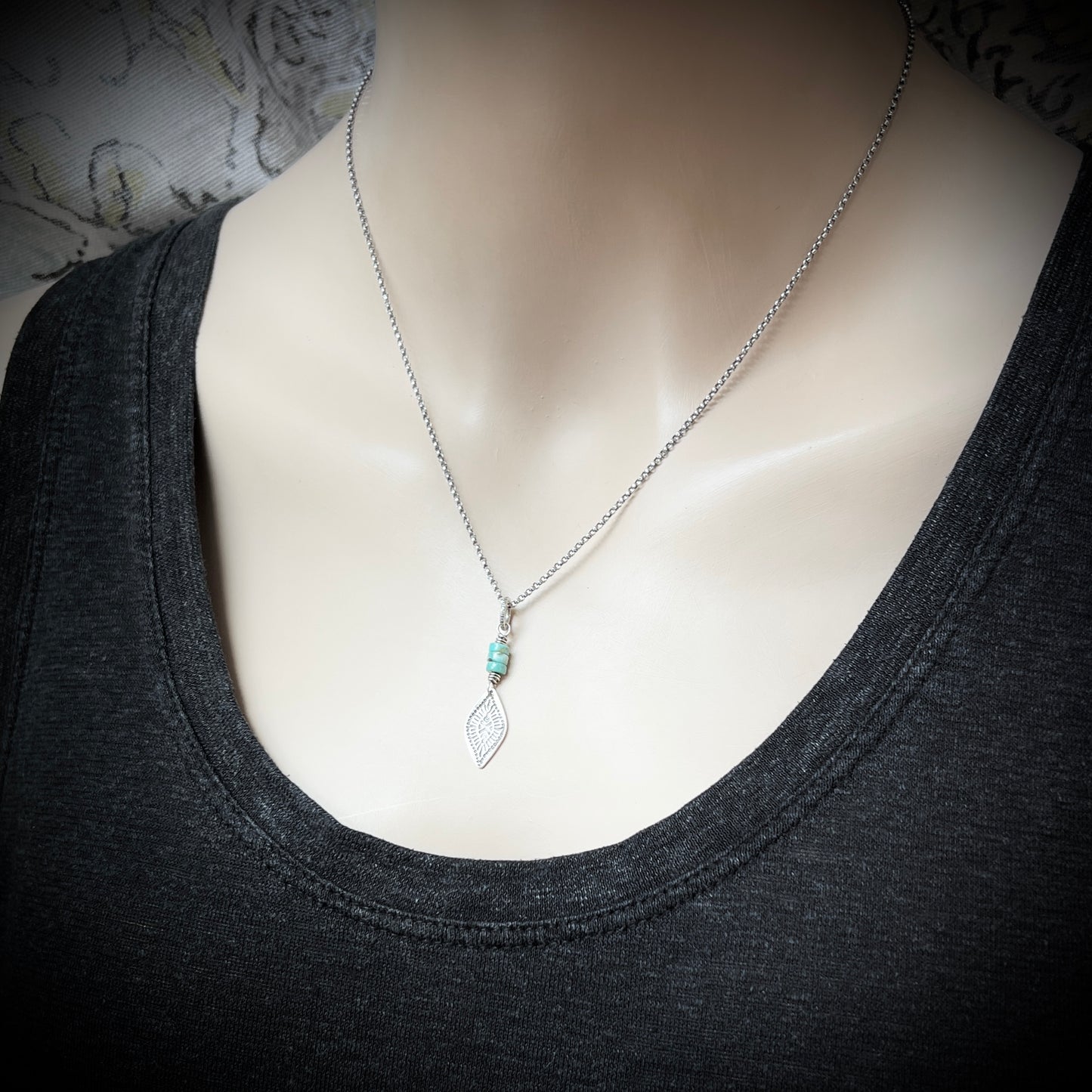 Genuine Turquoise Sterling Silver Necklace | Natural Stone Beads with Stamped Pendant