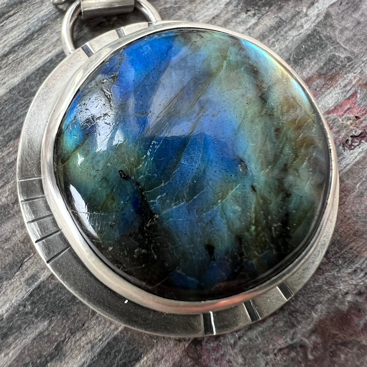 Labradorite Sterling Silver Necklace | Large Raw Natural Stone Round Pendant