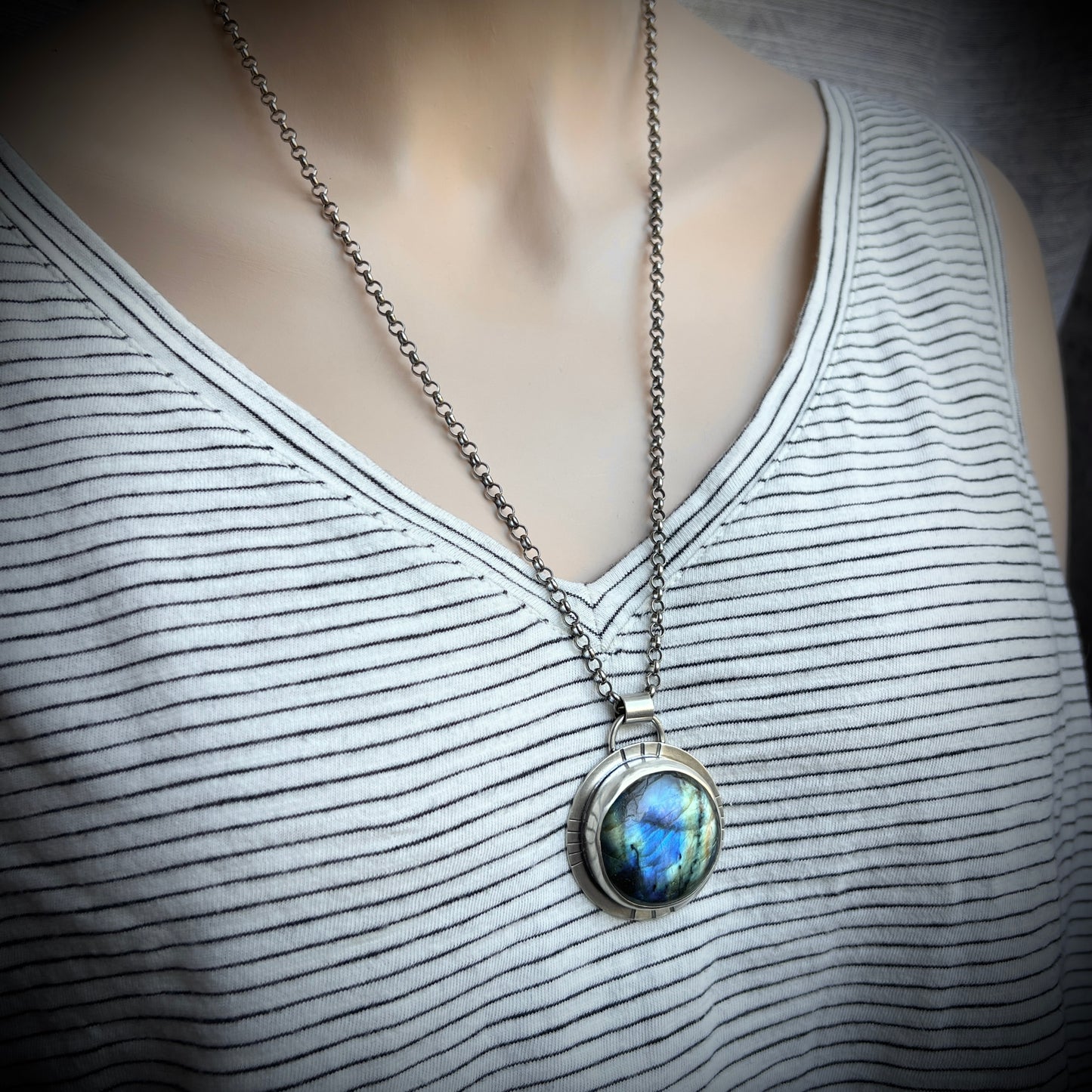 Labradorite Sterling Silver Necklace | Large Raw Natural Stone Round Pendant