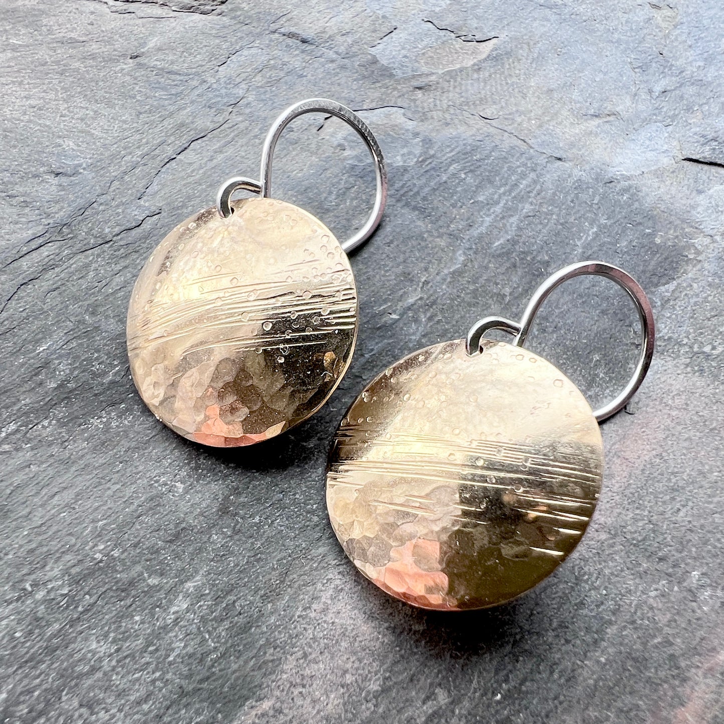 Brass and Sterling Silver Circle Earrings | Multi Textured Hammered Disc Dangles