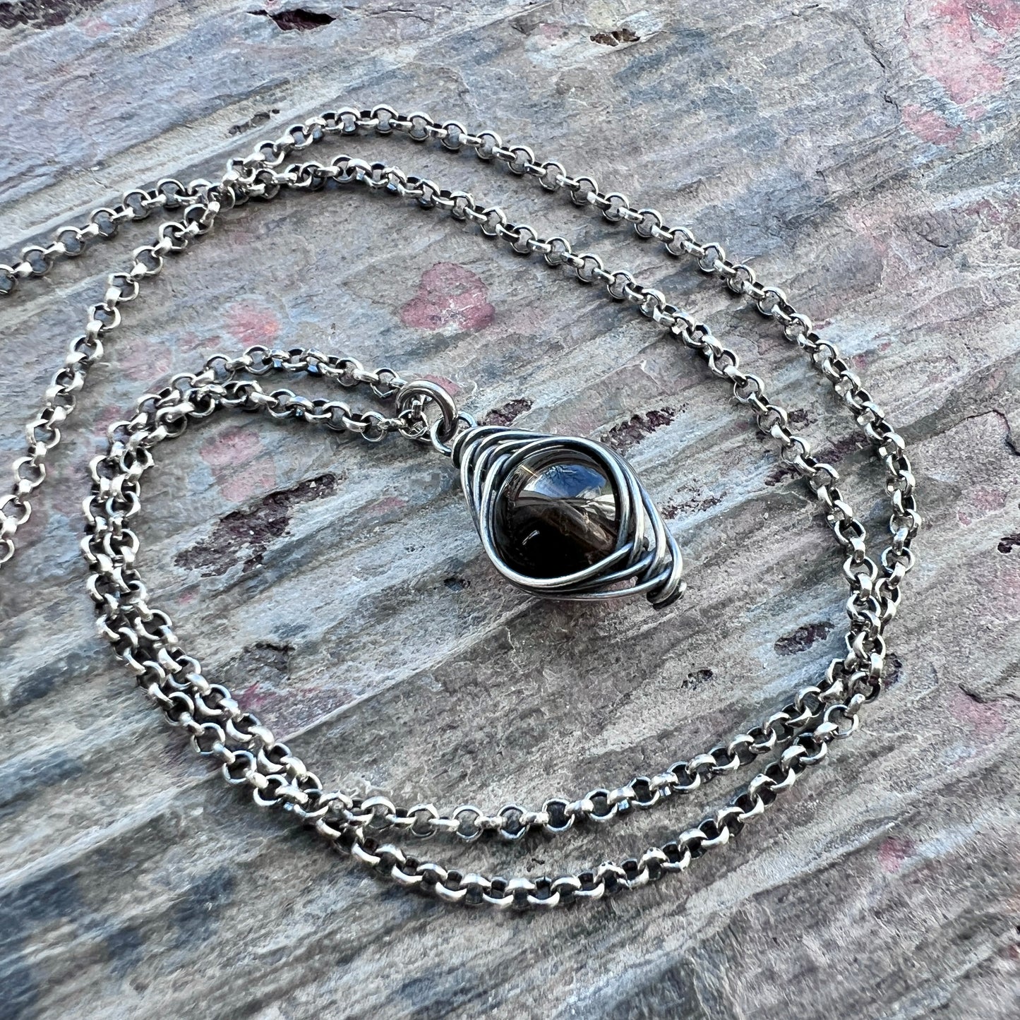 Sterling Silver Smoky Quartz Necklace | Natural Stone Wire-wrapped Pendant