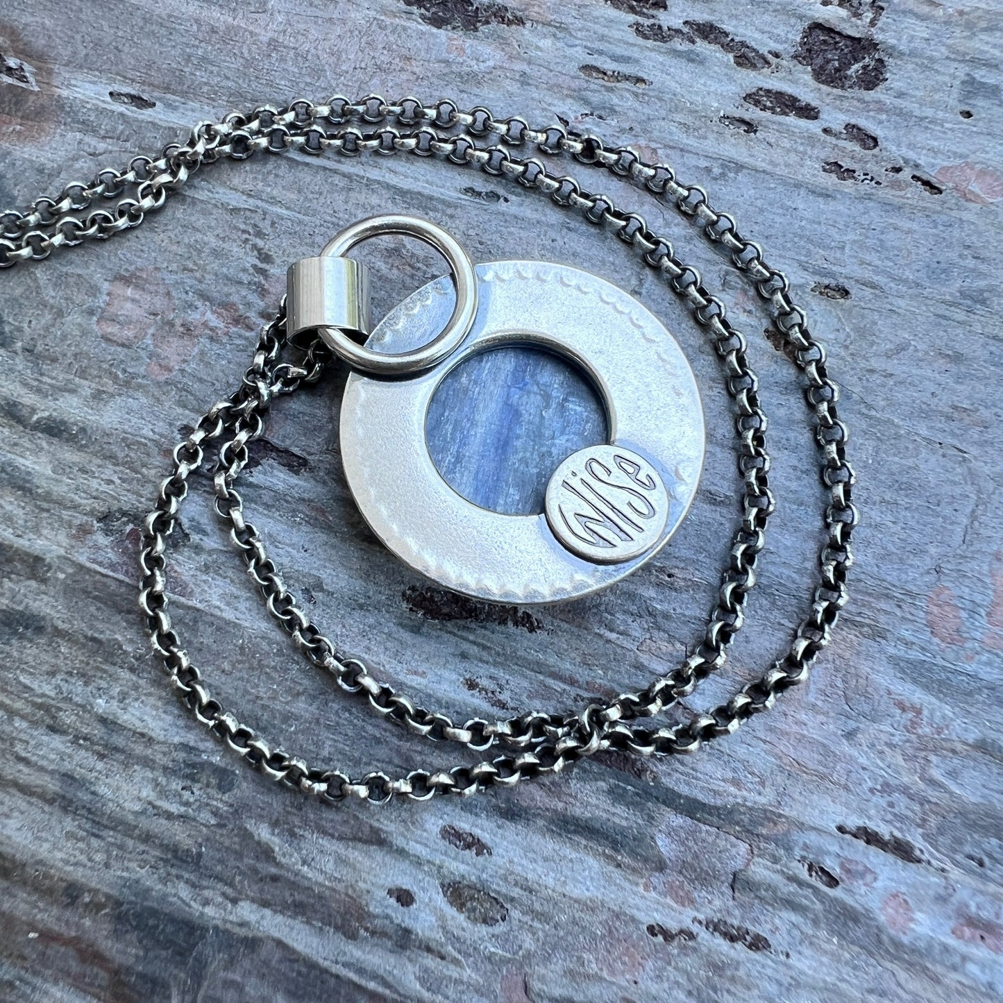 Sterling Silver Kyanite Necklace | Natural Stone Round Cabochon Pendant