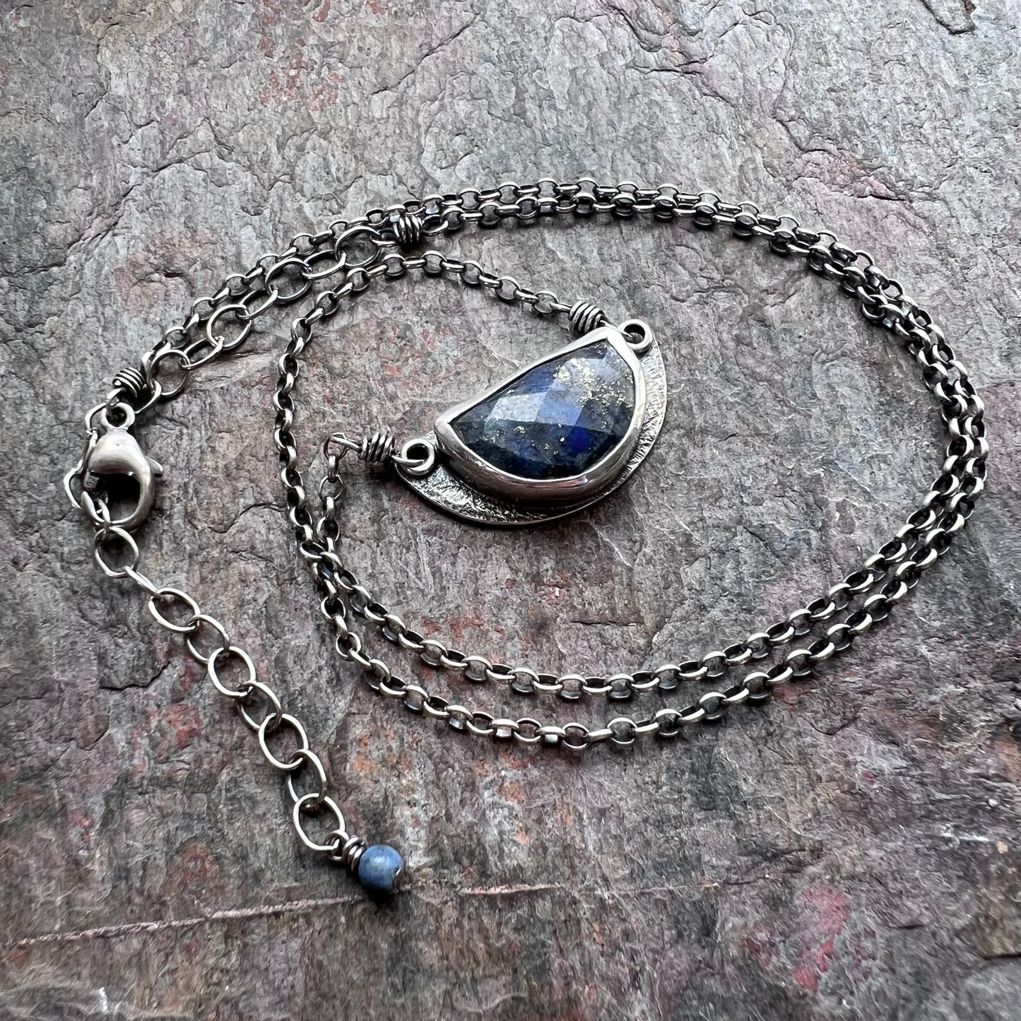 Sterling Silver Lapis Necklace Genuine Lapis Lazuli Natural Stone Semicircle Blue Pendant Handmade Jewelry Unique Gift for Her