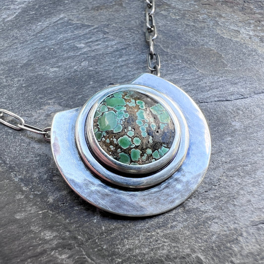 Sterling Silver Genuine Turquoise Necklace | Green Natural Stone Round Cabochon Pendant