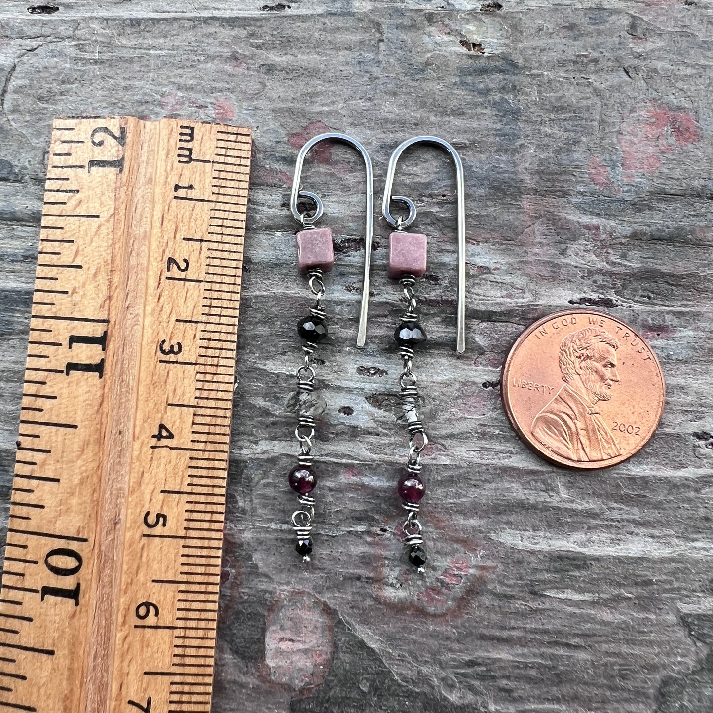 Sterling Silver Natural Stone Earrings | Pink and Black Beaded Long Dangles