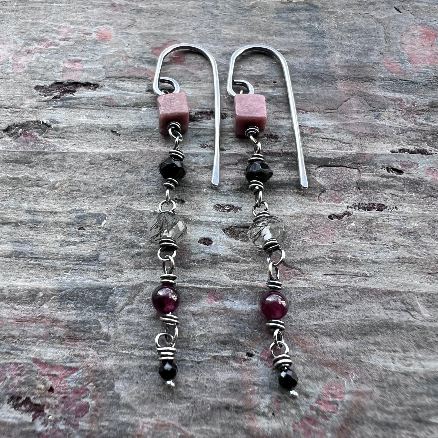 Sterling Silver Natural Stone Earrings | Pink and Black Beaded Long Dangles