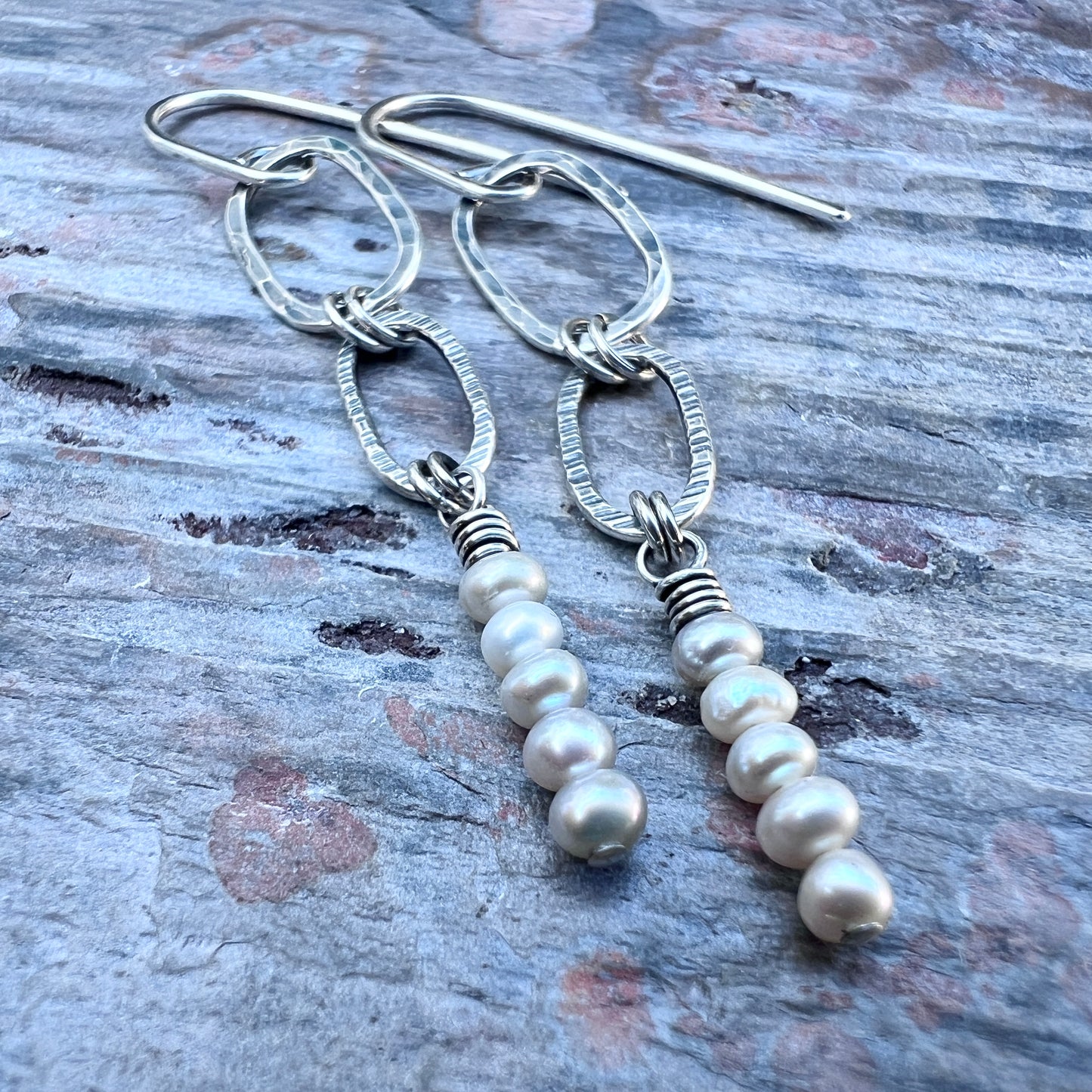 Sterling Silver Pearl Earrings | Hammered Silver Links and Genuine Pearl Long Dangle Earrings