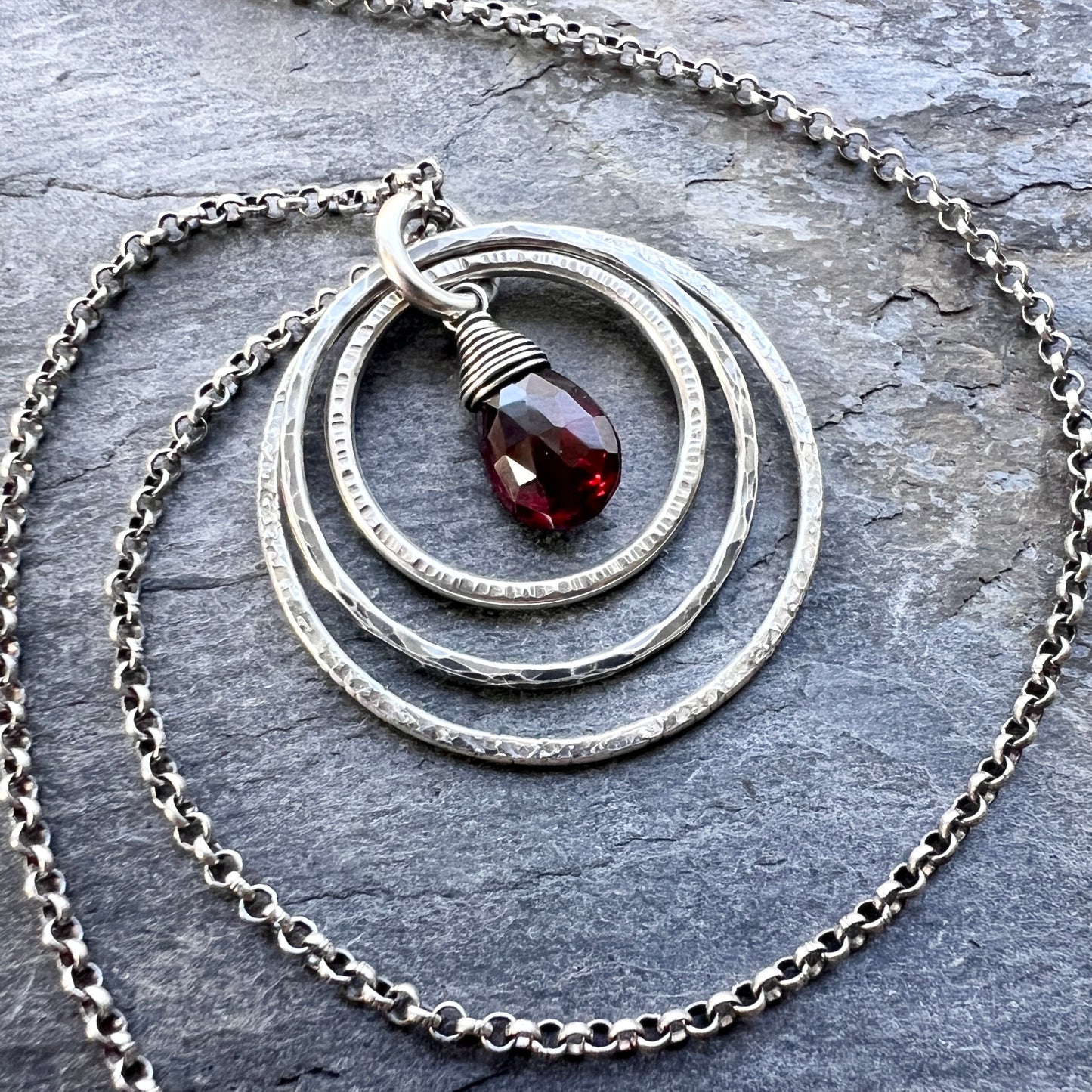 Genuine Garnet Sterling Silver Necklace | Deep Red Teardrop in Hammered Rings Pendant