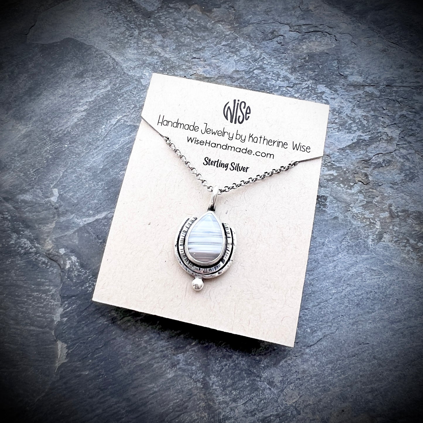 Sterling Silver Banded Agate Necklace | Natural Stone Teardrop Pendant