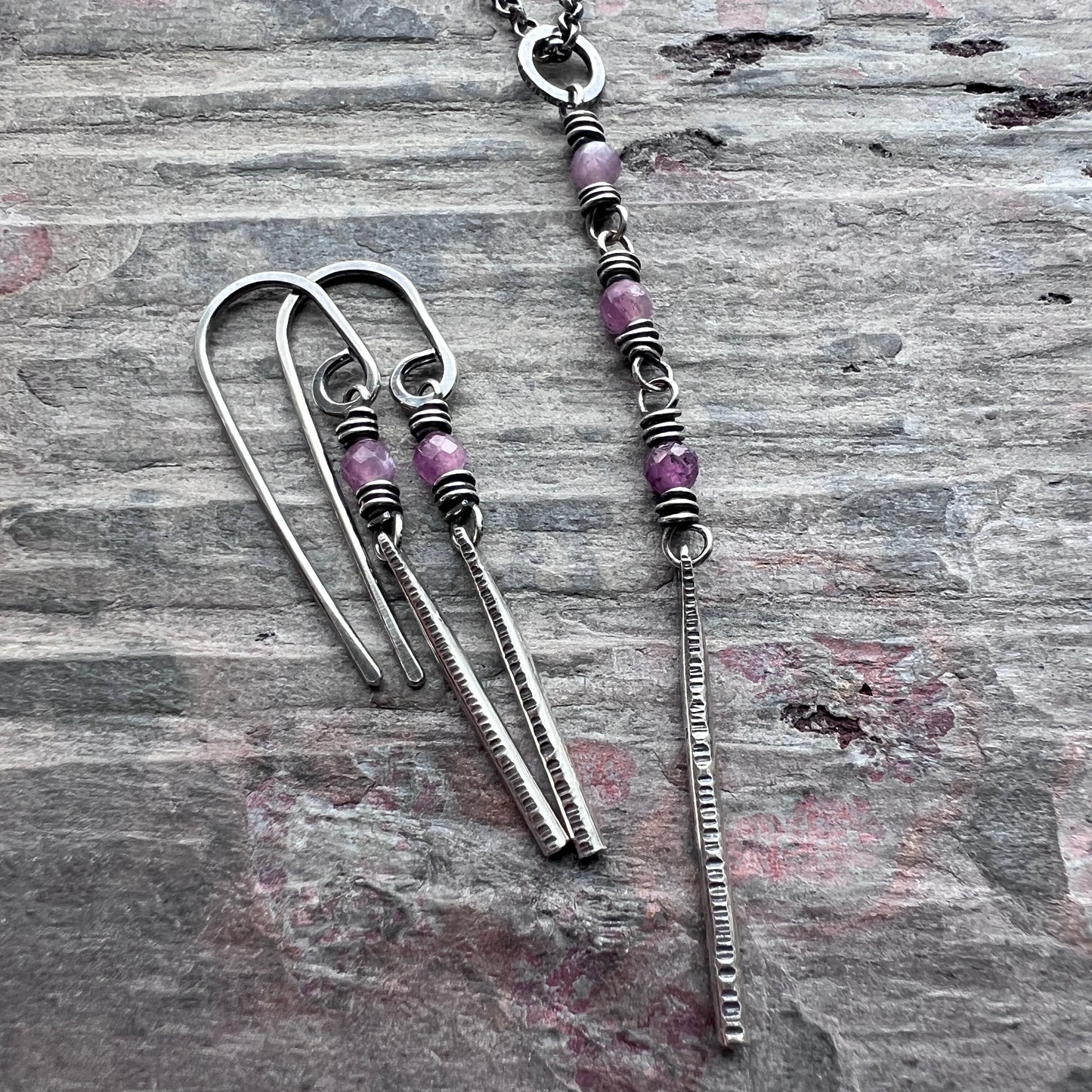 Customizable Sterling Silver Birthstone Earrings | Genuine Gemstone and Hammered Bar Dangle Earrings