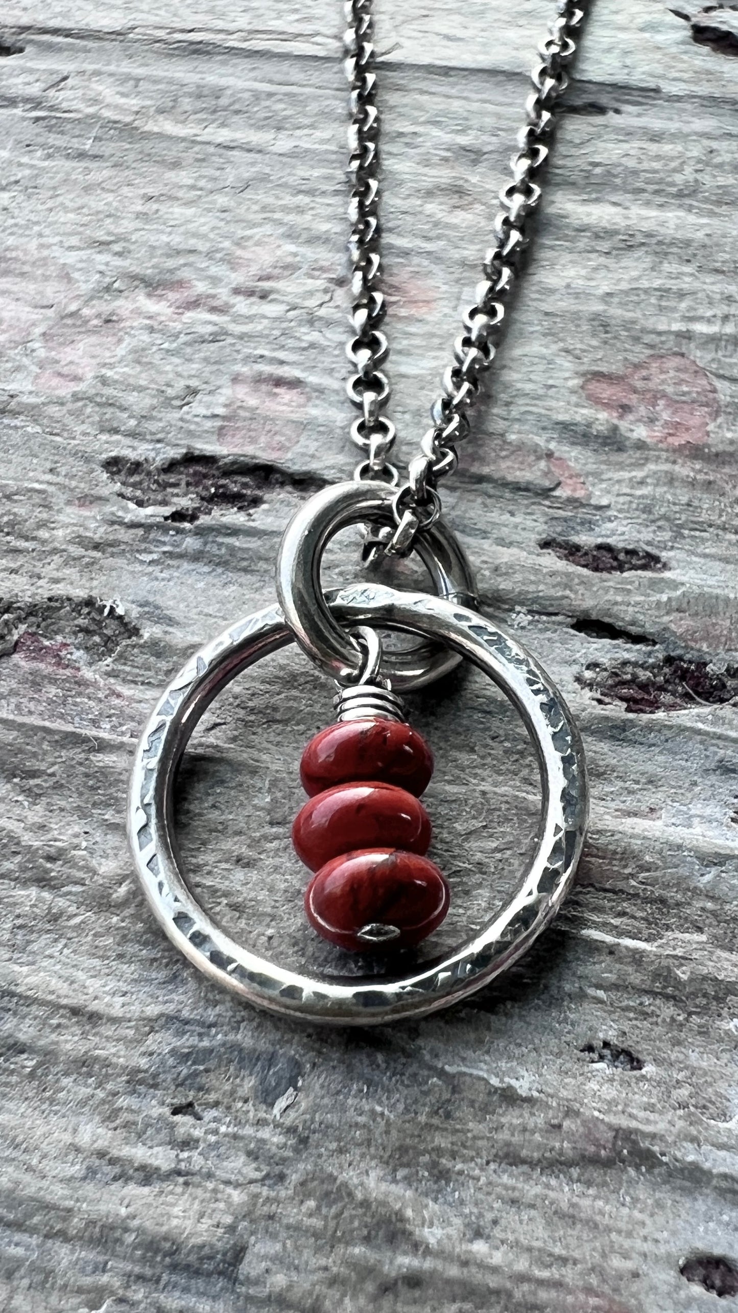 Sterling Silver Red Jasper Necklace | Natural Stones in Hammered Ring Pendant