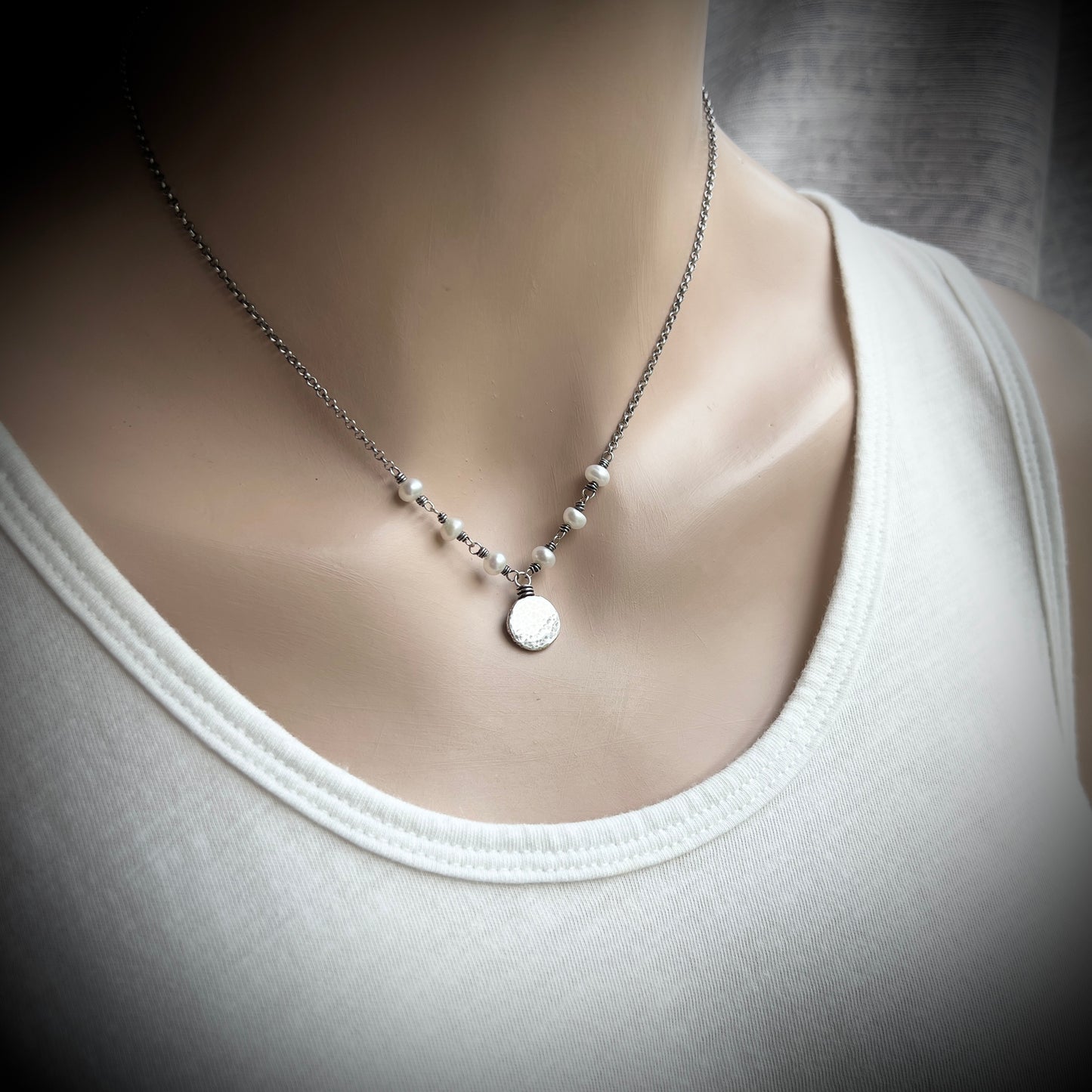 Sterling Silver Pearl Necklace | Wire-wrapped Pearls with Hammered Silver Pebble Pendant