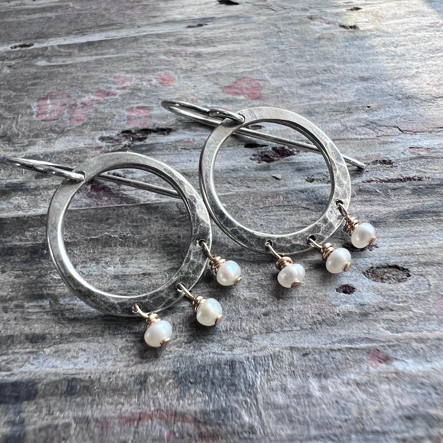 Sterling Silver and 14k Goldfill Pearl Earrings | Hammered Silver Hoops and Genuine Pearl Dangle Earrings
