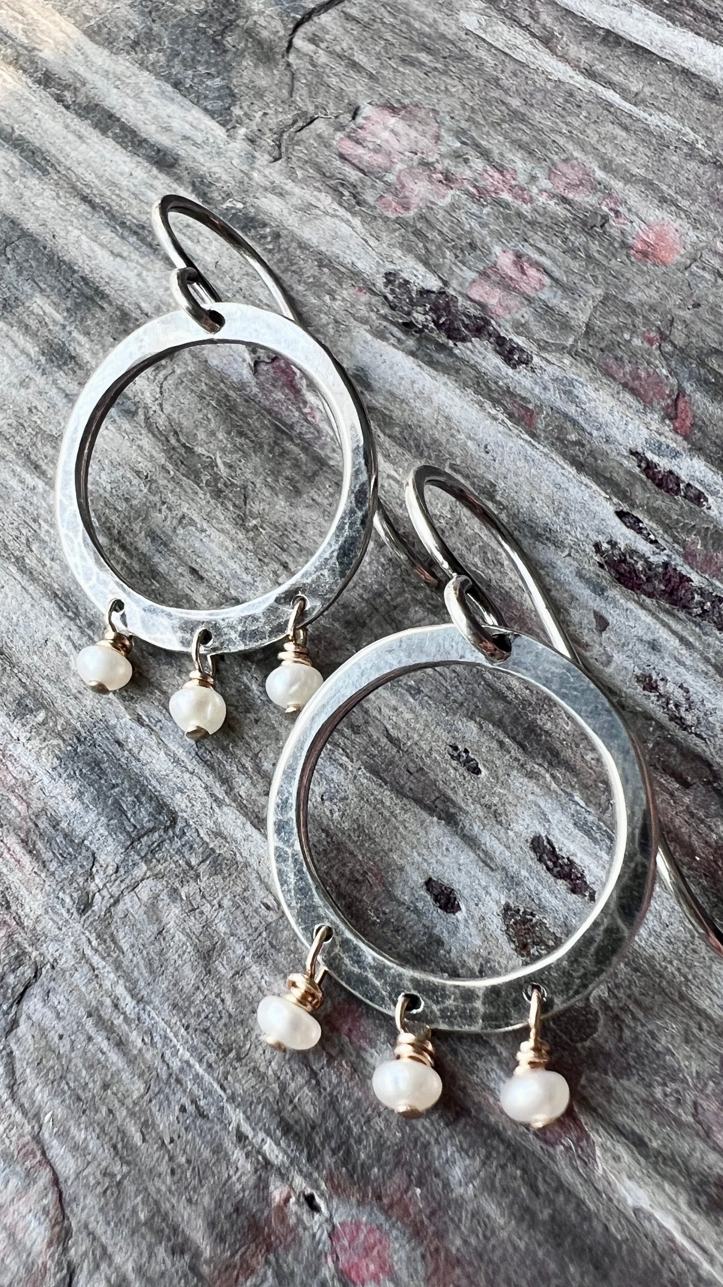 Sterling Silver and 14k Goldfill Pearl Earrings | Hammered Silver Hoops and Genuine Pearl Dangle Earrings