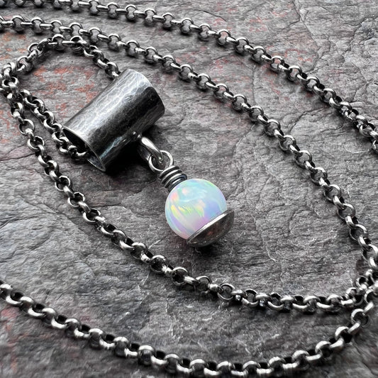 Sterling Silver and Simulated Opal Necklace - Simulated Opal Pendant on Sterling Silver Chain