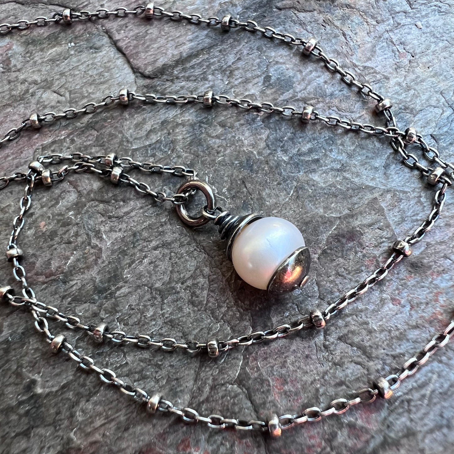 Sterling Silver Pearl Necklace - Small Genuine Freshwater Pearl Pendant on Sterling Silver Satellite Chain