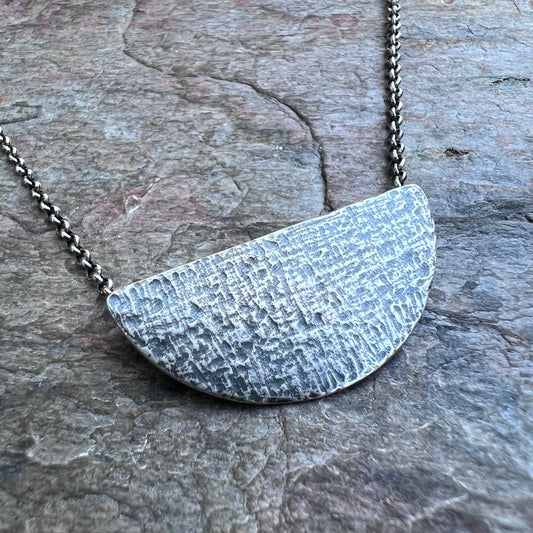 Sterling Silver Semicircle Necklace - Textured Half Moon Sterling Silver Pendant on Sterling Silver Chain